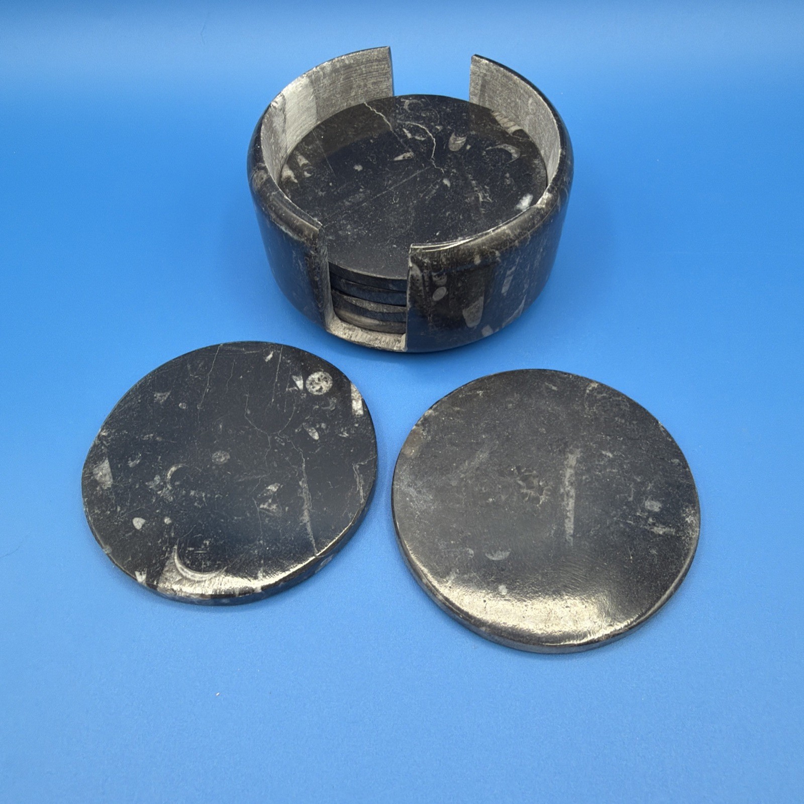 Fossil Orthoceras Coaster Set 6pcs and Holder Fossil Orthoceras Coaster Set 6pcs and Holder