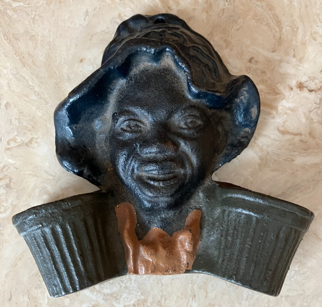 Vintage Cast Iron Black Americana Double Wall Match Holder - Man w/ 2 baskets Vintage Cast Iron Black Americana Double Wall Match Holder - Man w/ 2 baskets