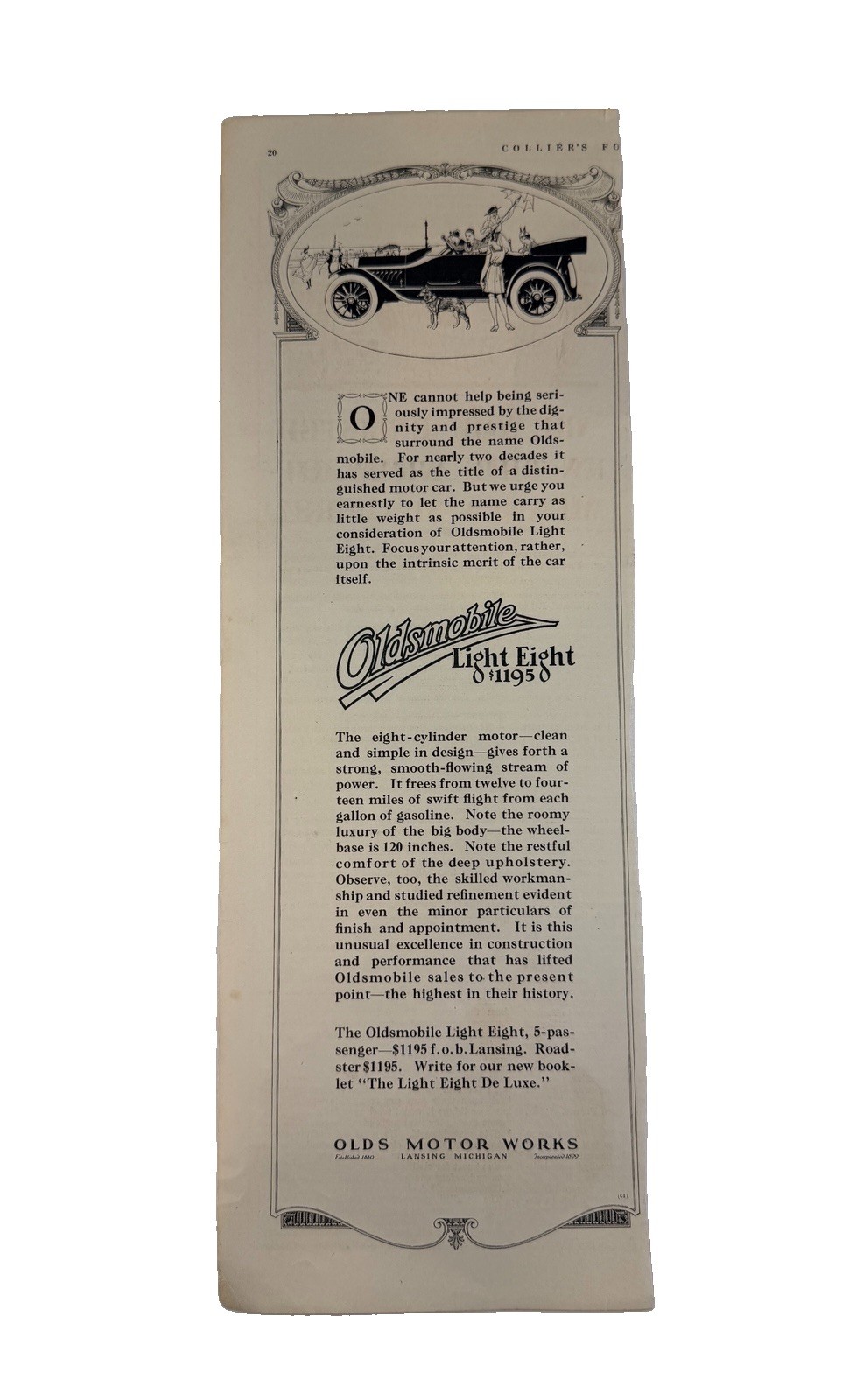 1916 OLDSMOBILE 5.5x14" Automotive Print Ad VG 4.0 Olds Motor Works Light 8