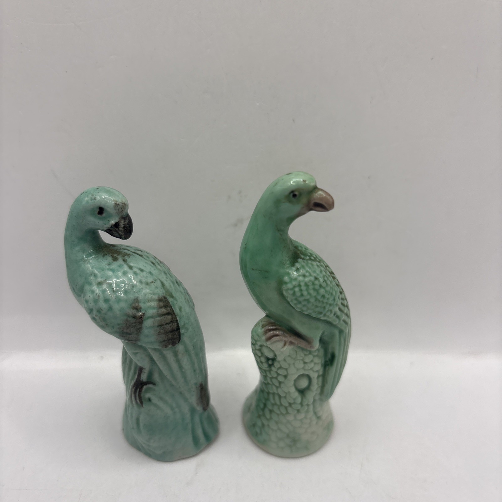 Vintage Pair Chinese Export Green Porcelain Parrot Figurines Sancai Mini  RARE