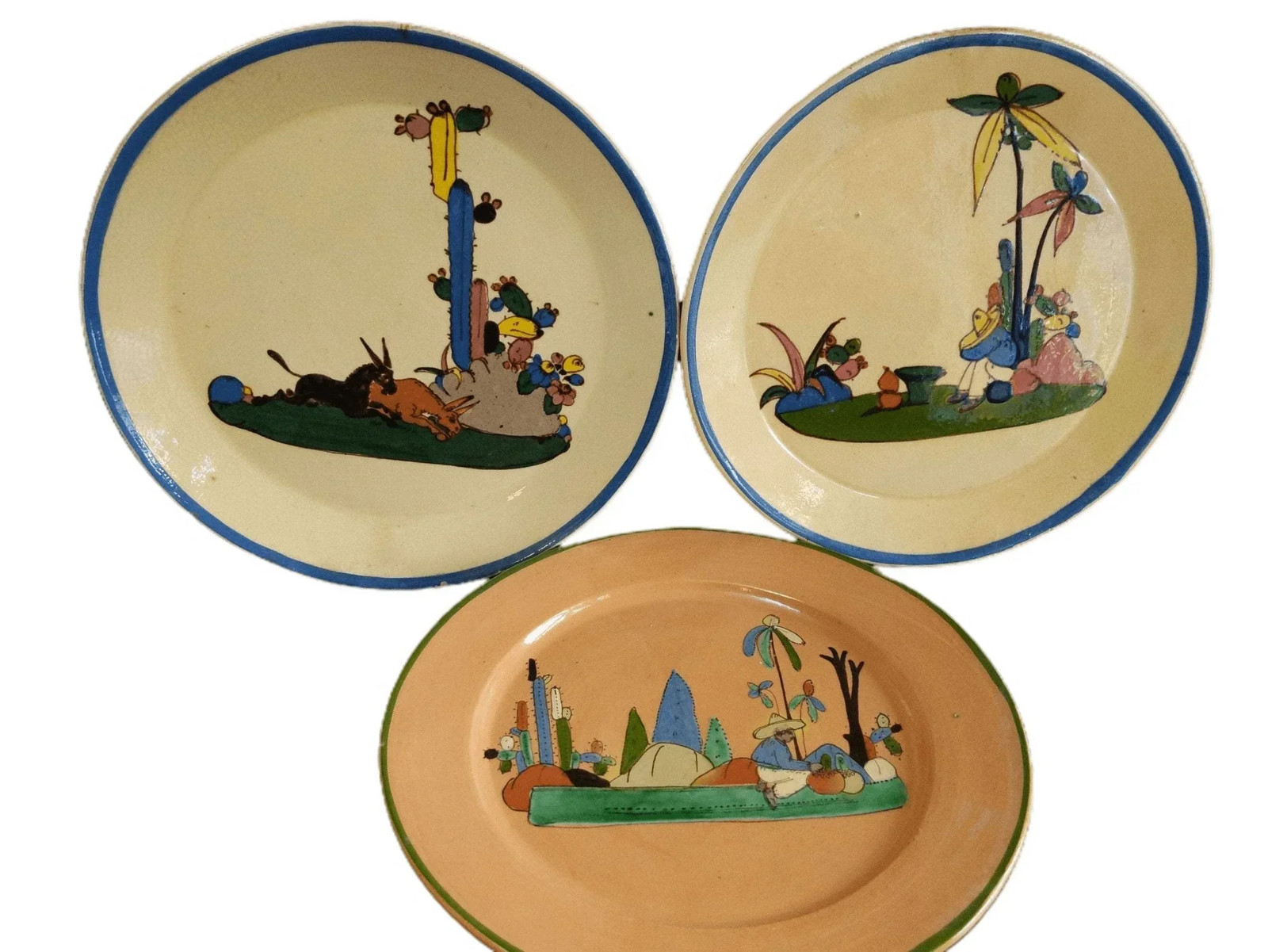 c1940 Tlaquepaque Mexican Folk Pottery Plate 9.25" lot (3 pcs)