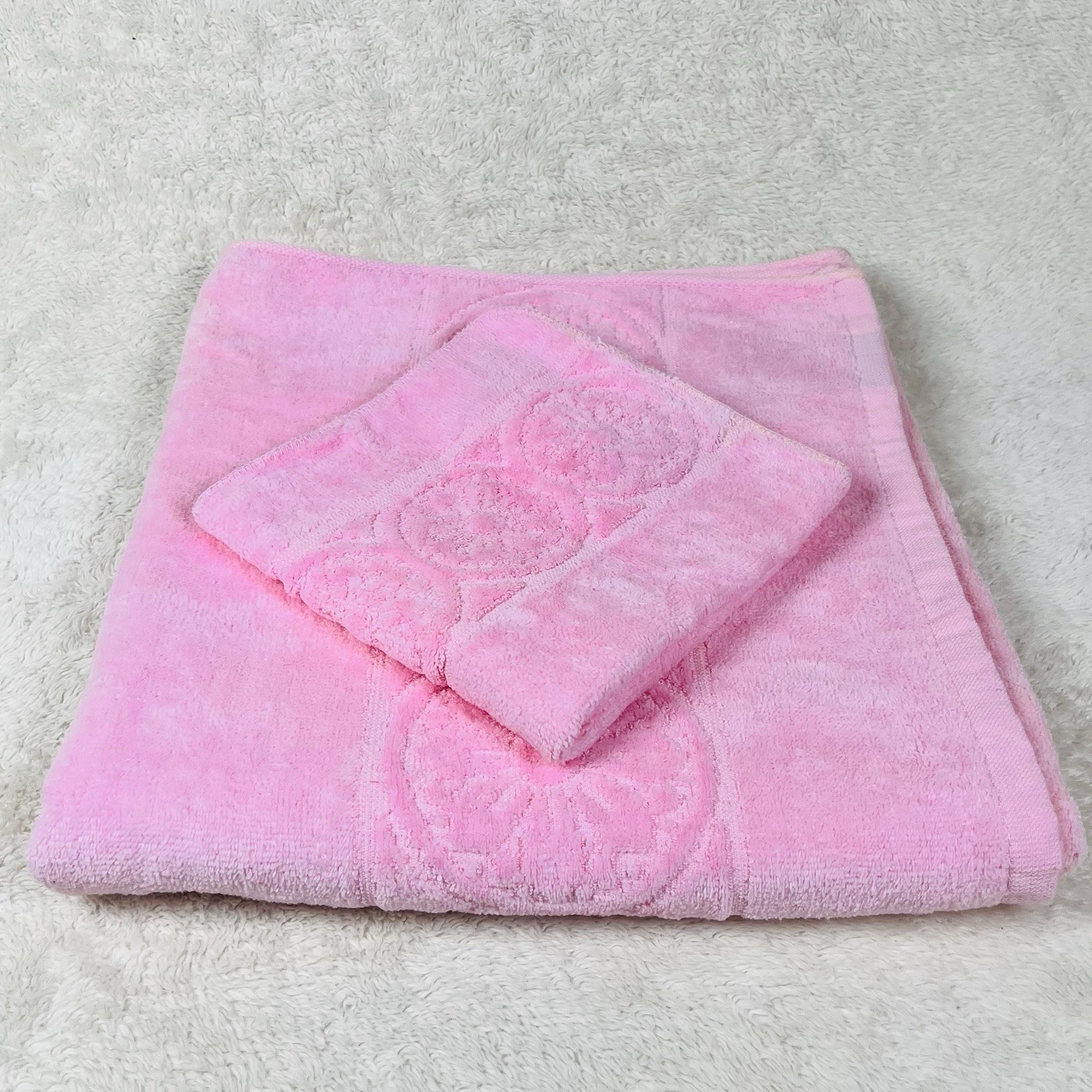 Vintage Scipio Bath Towel Set (2) Pink Washcloth Cotton Made in Taiwan MCM Retro
