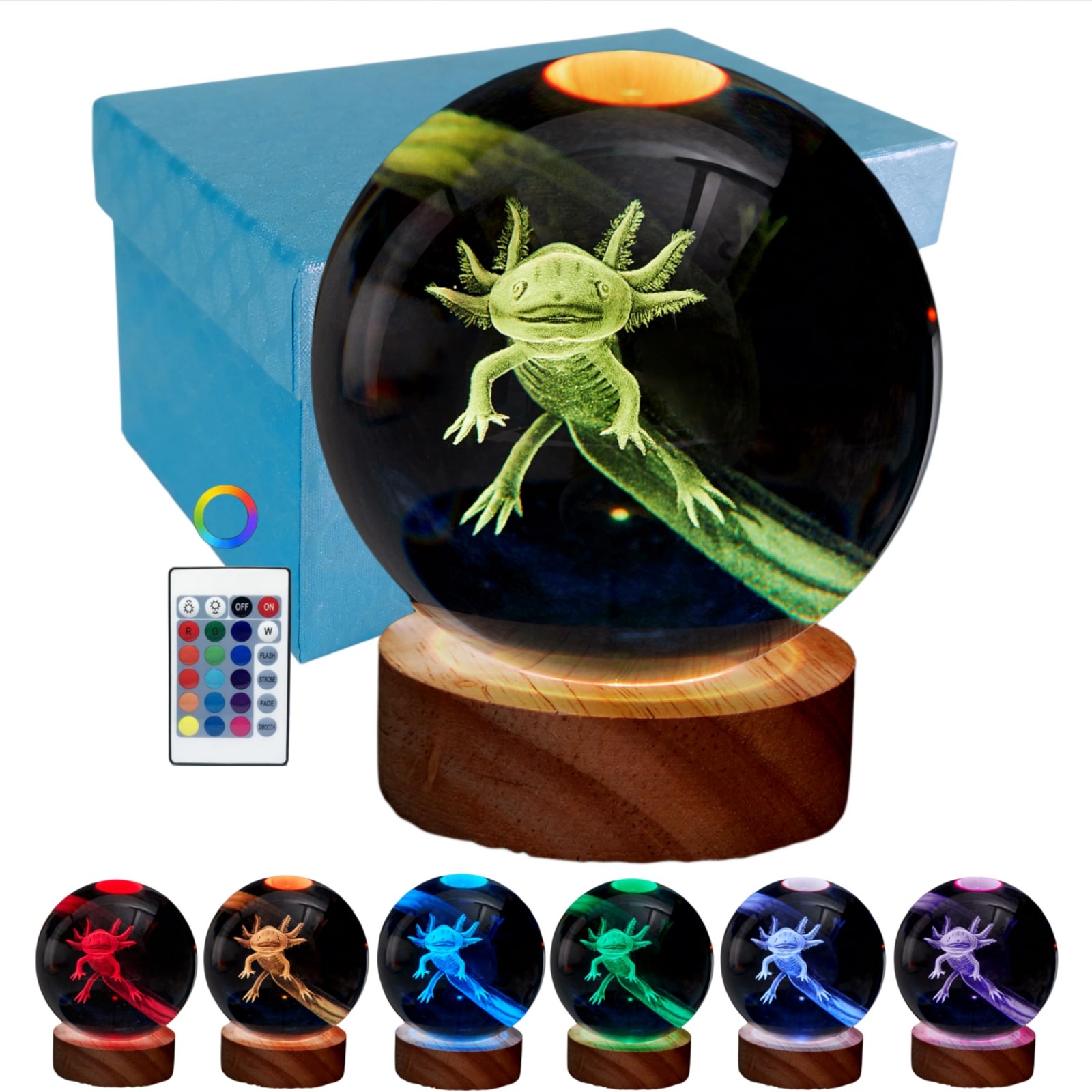 Conalisk 3D Axolotl Crystal Ball Lamp 3.15 Inch 16 Colors LED Wooden Base Conalisk 3D Axolotl Crystal Ball Lamp 3.15 Inch 16 Colors LED Wooden Base