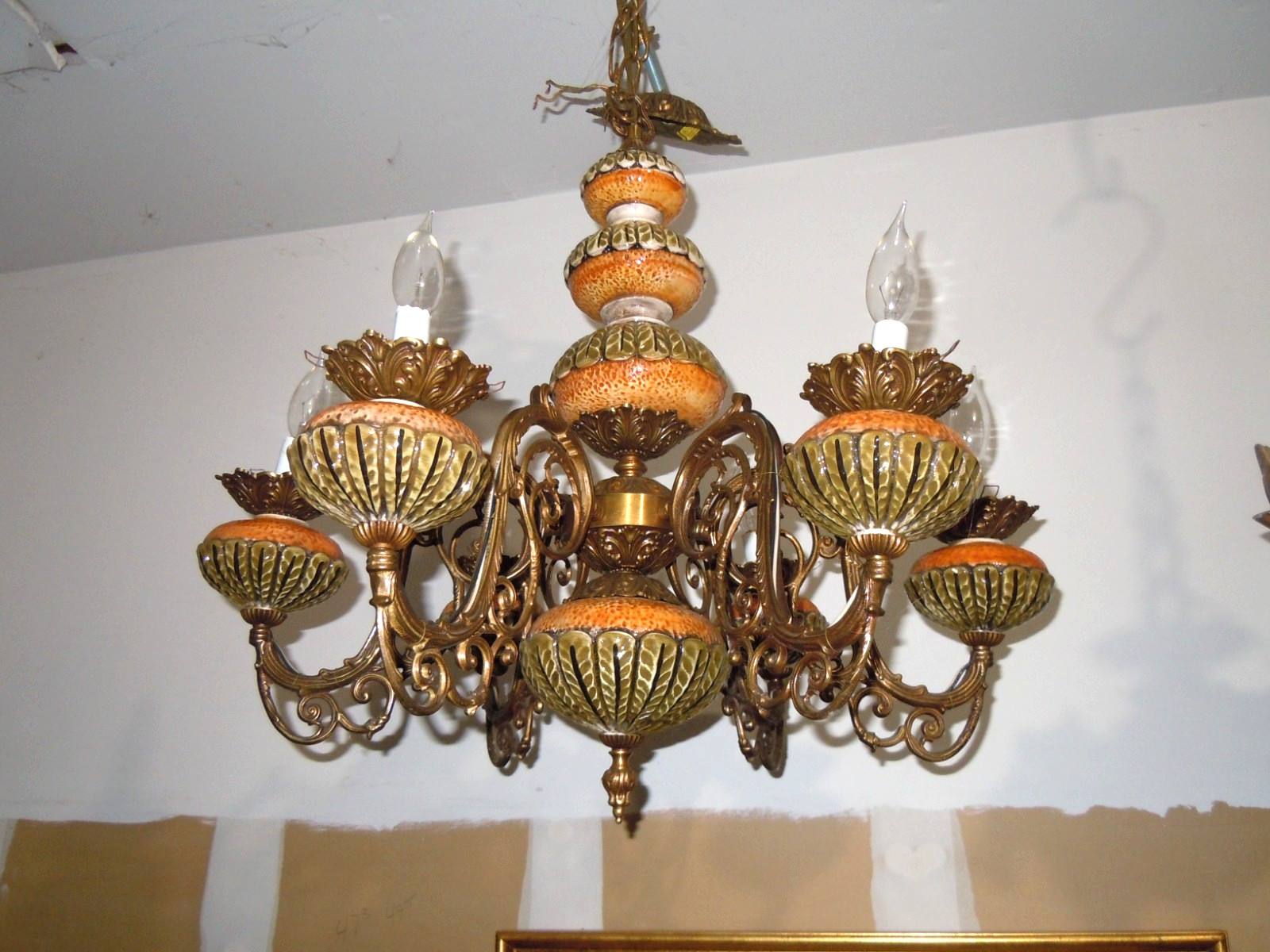 VINTAGE ARTS & CRAFT ORIGINAL LARGE UNUSUAL BRASS & CERAMIC 6 ARM LIGHT FIXTURE VINTAGE ARTS & CRAFT ORIGINAL LARGE UNUSUAL BRASS & CERAMIC 6 ARM LIGHT FIXTURE