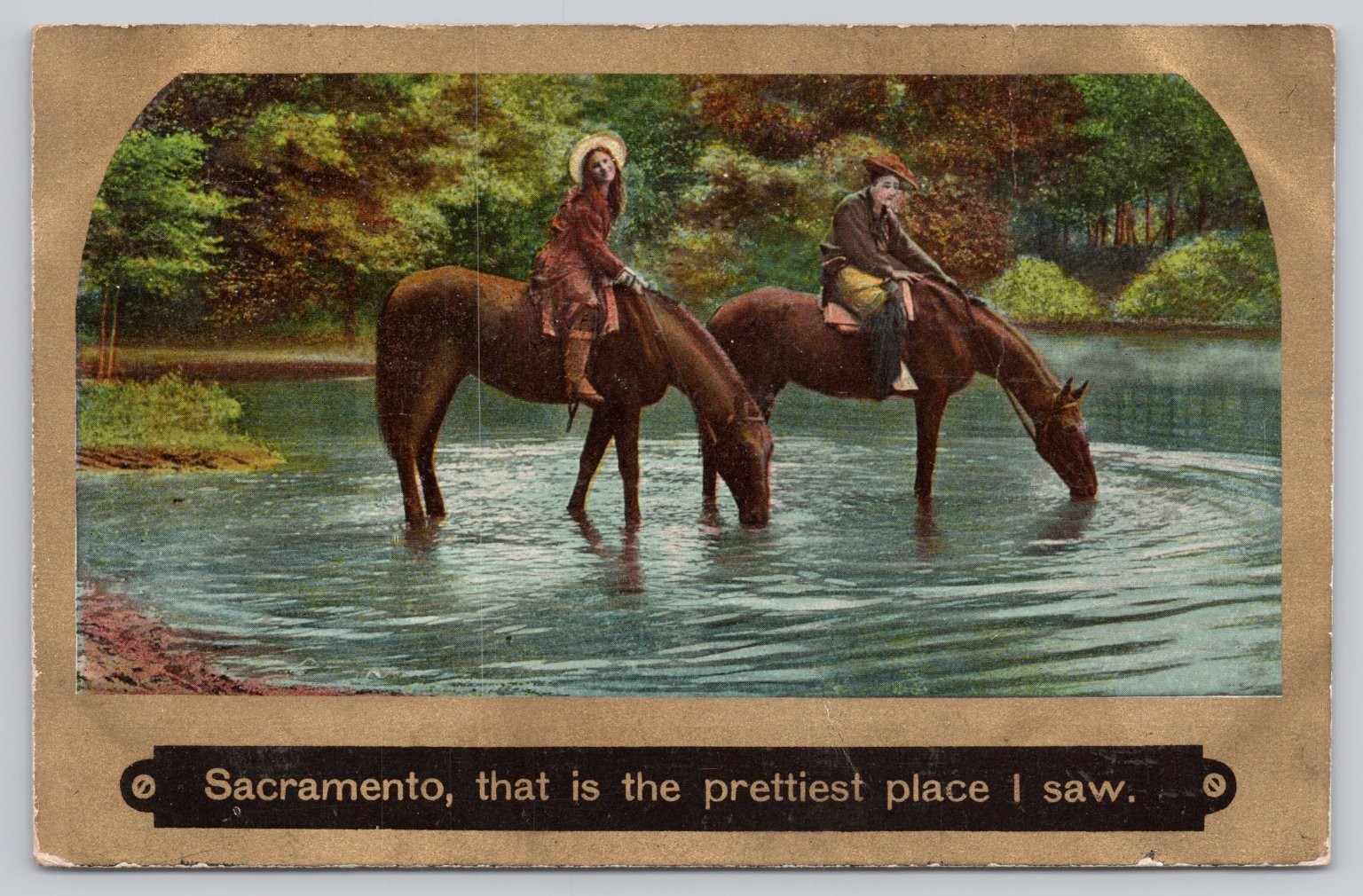 1911 Sacramento Vintage Postcard Two Riders on Horses by Water 1911 Sacramento Vintage Postcard Two Riders on Horses by Water