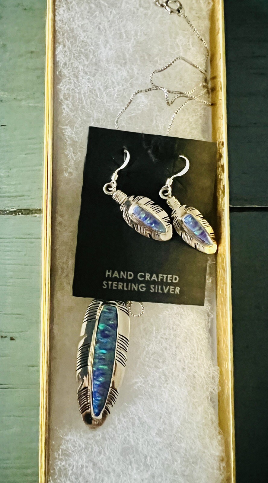 Navajo Handmade Sterling Silver Opal Inlay Feather Pendant & Earrings Signed Set Navajo Handmade Sterling Silver Opal Inlay Feather Pendant & Earrings Signed Set