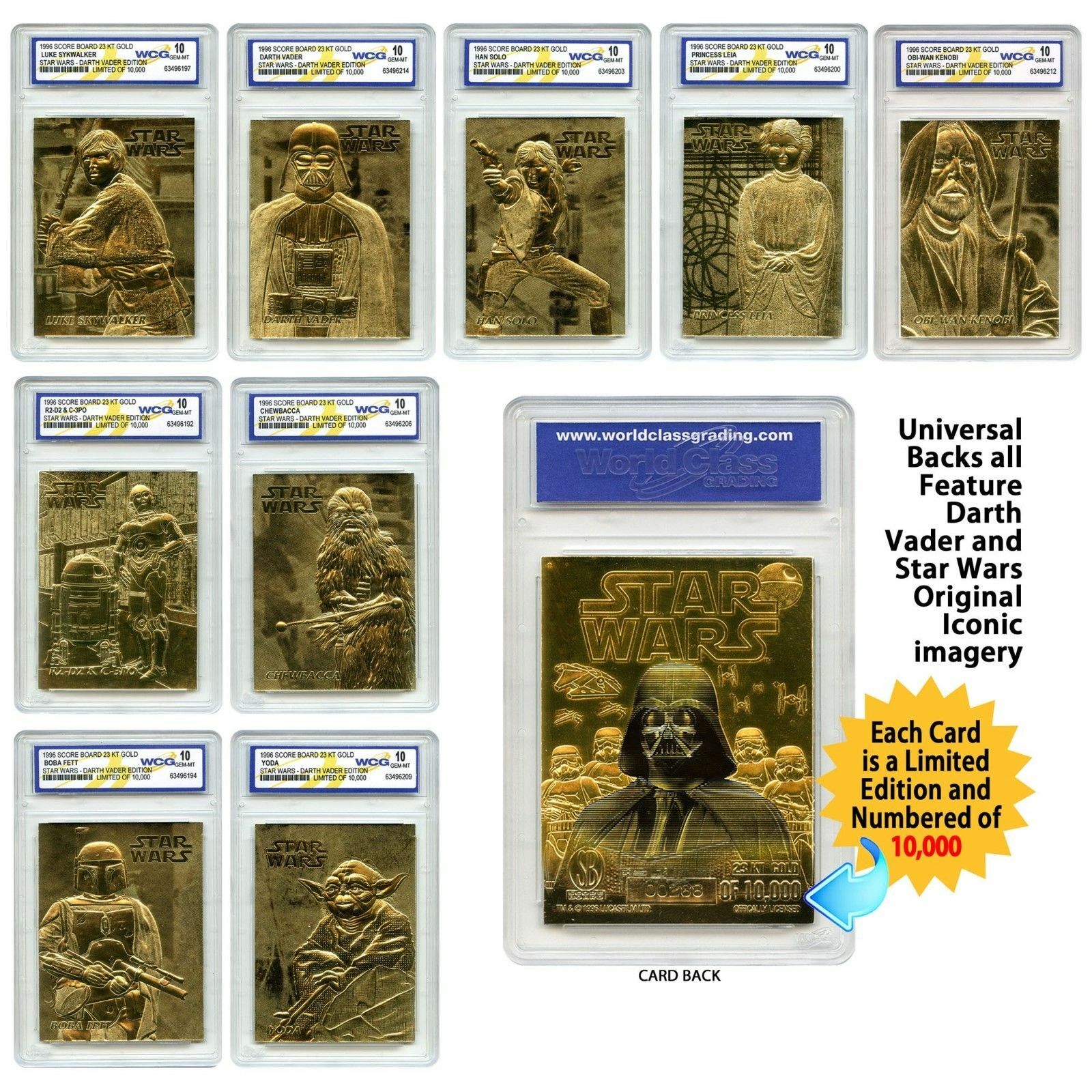 (9) STAR WARS 23KT GOLD CARD WCG GEM MT 10 COMPLETE SET LEIA/LUKE/YODA/SOLO (9) STAR WARS 23KT GOLD CARD WCG GEM MT 10 COMPLETE SET LEIA/LUKE/YODA/SOLO