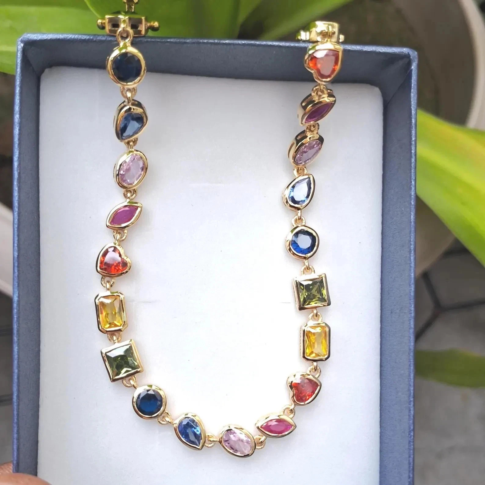 Rainbow Multi-Cut Multi-Color Gemstone Tennis Necklace 14K Yellow Gold Over 16" Rainbow Multi-Cut Multi-Color Gemstone Tennis Necklace 14K Yellow Gold Over 16"