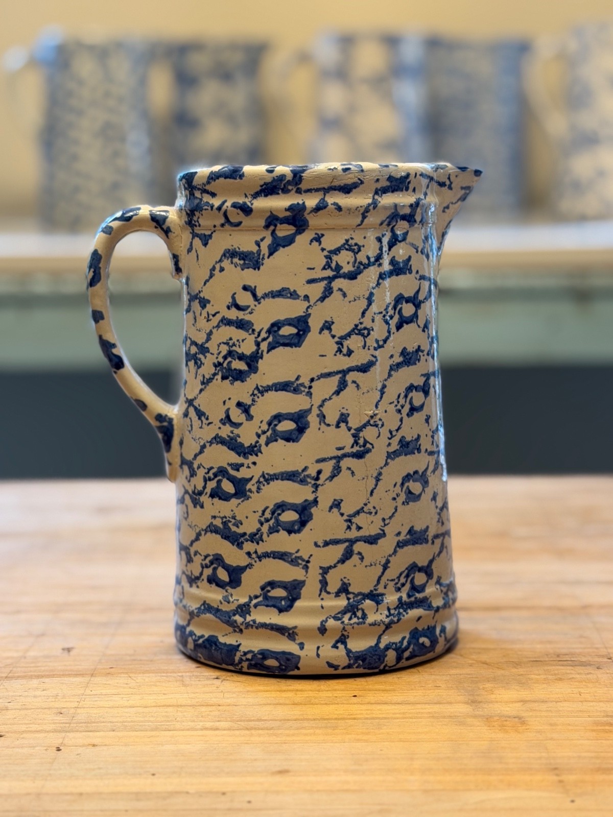 Antique Late 1800's to Early 1900's Blue and White Spongewear Pitcher.