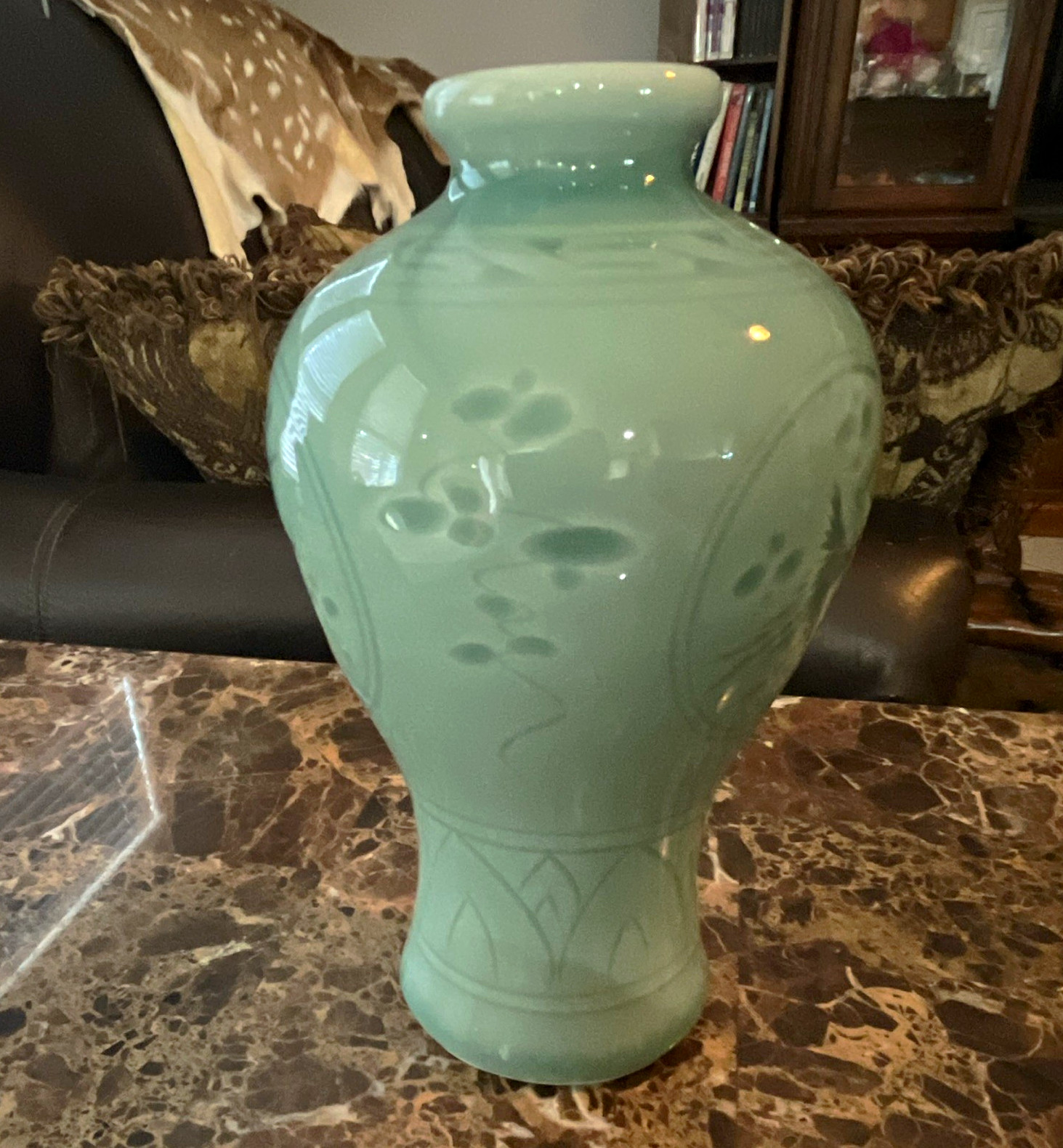 Vintage Celadon Chinese Vase with Floral & crane design.Original stamp on bottom Vintage Celadon Chinese Vase with Floral & crane design.Original stamp on bottom
