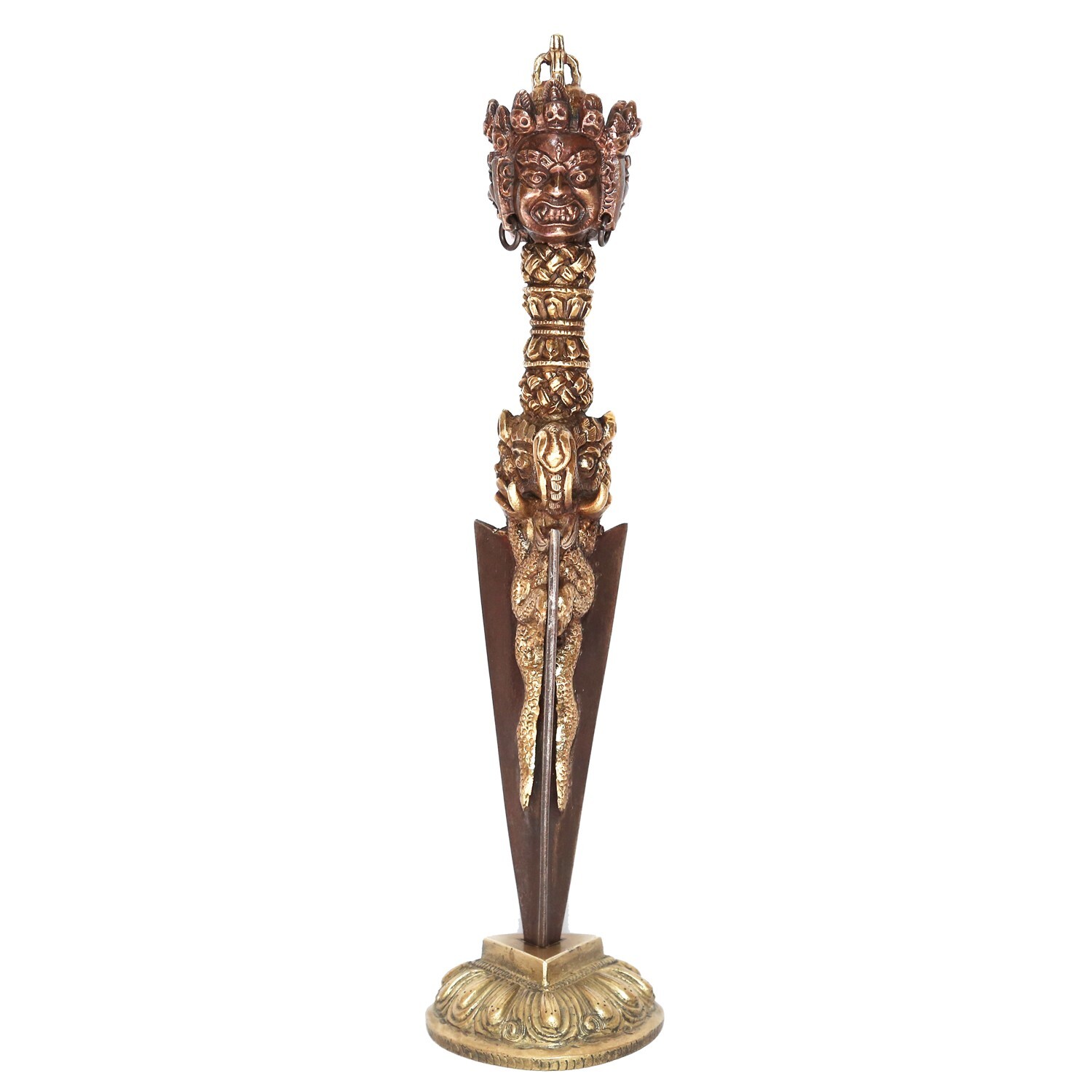 Hand Made 10" 3 Metal Triple Face Tibetan Phurba with Brass Stand, Best Quality