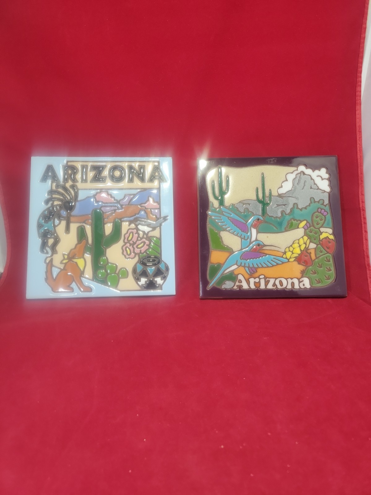2 Vintage Arazona Tile Trivets Earthtones Masterworks Humming Bird Desert Motif 2 Vintage Arazona Tile Trivets Earthtones Masterworks Humming Bird Desert Motif