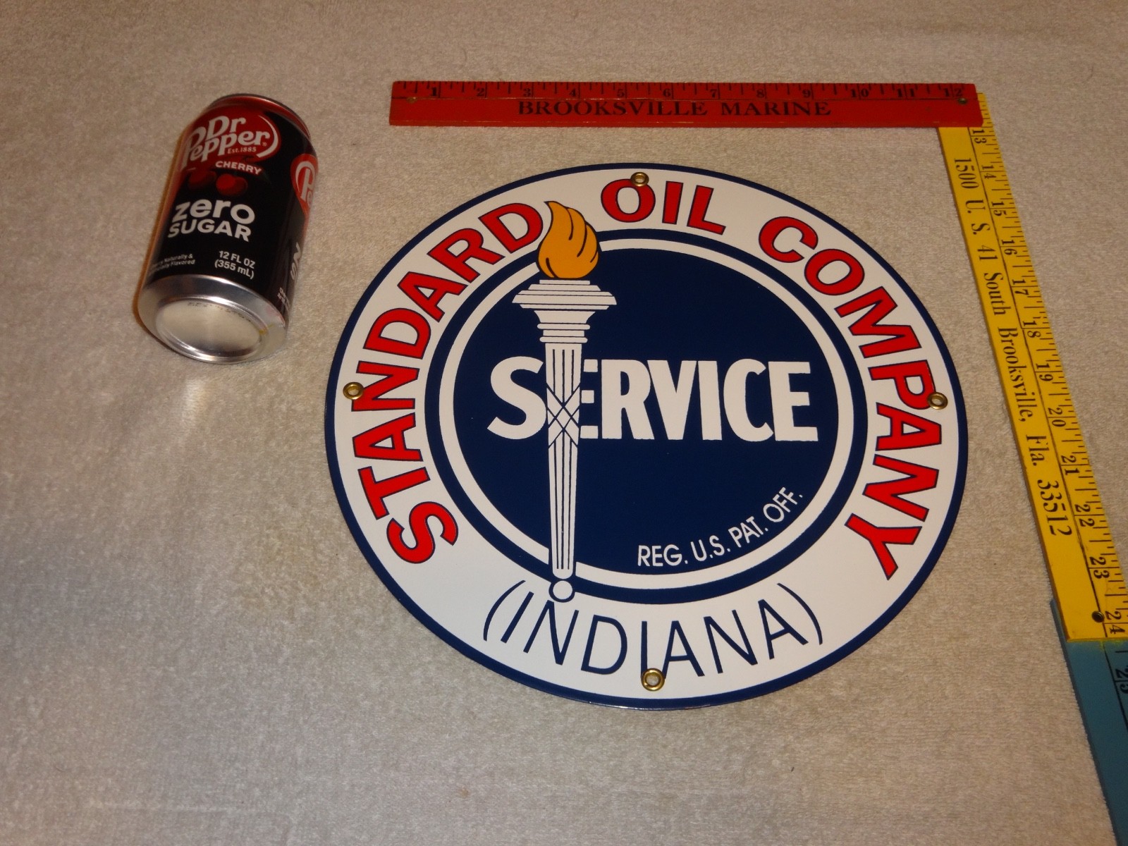 VINTAGE NOS STANDARD OIL GASOLINE SERVICE TORCH INDIANA 12" PORCELAIN METAL SIGN