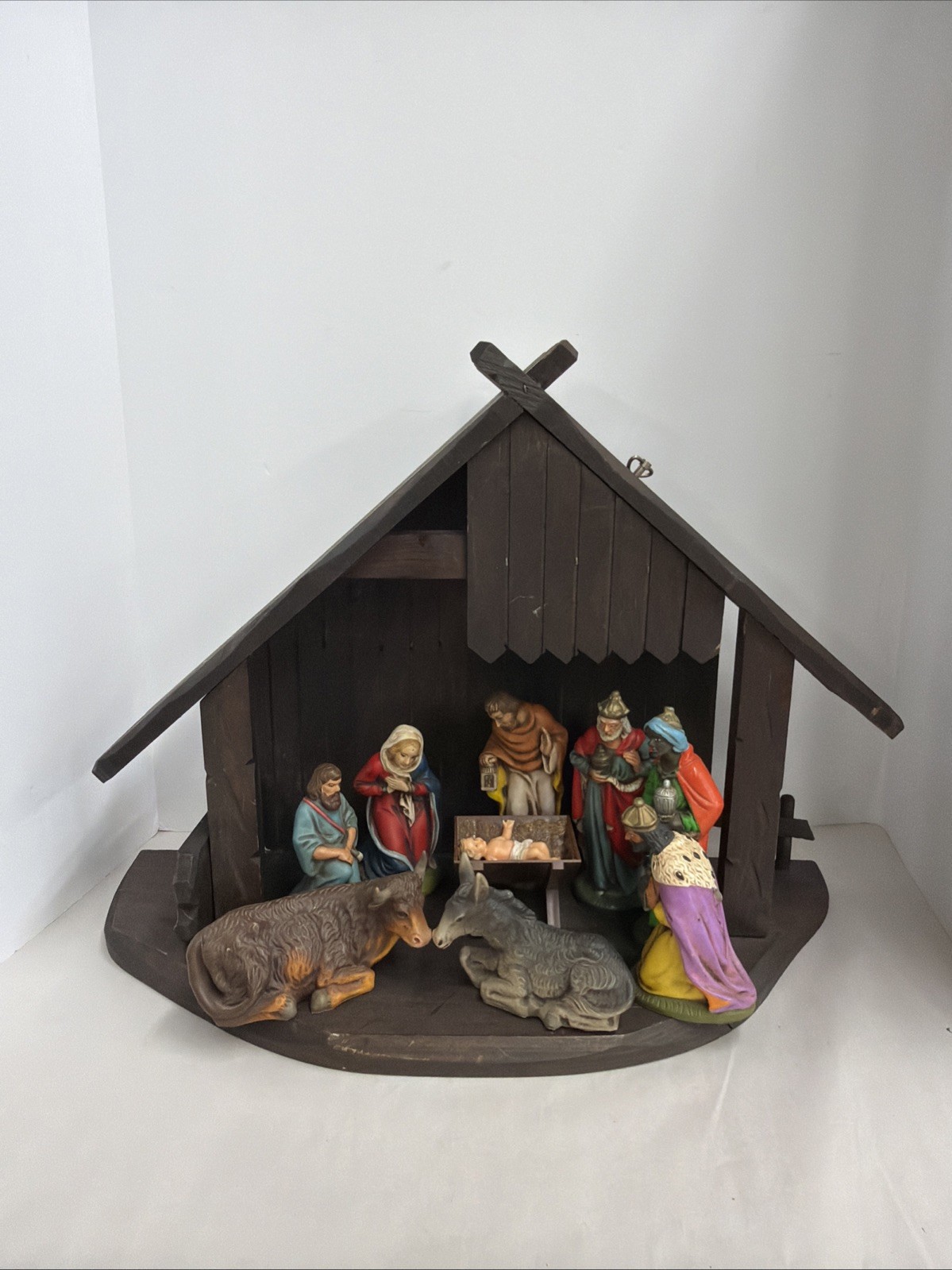 Vintage German West Germany Plastic Christmas Nativity Figures Set w/Wood Stable