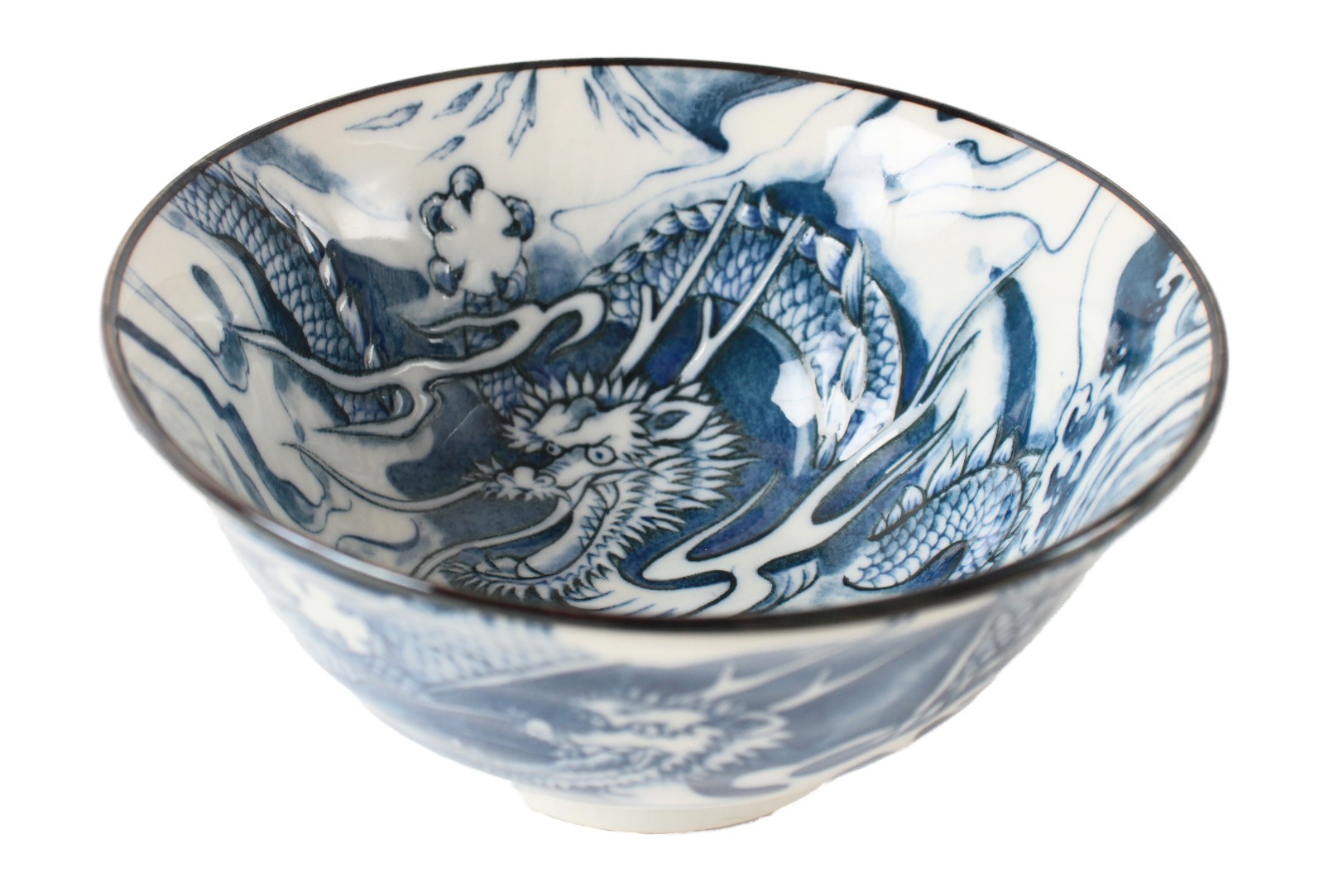 Mino ware Japanese Ceramics Large Rice Bowl Dragon and Mt. Fuji Blue Mino ware Japanese Ceramics Large Rice Bowl Dragon and Mt. Fuji Blue