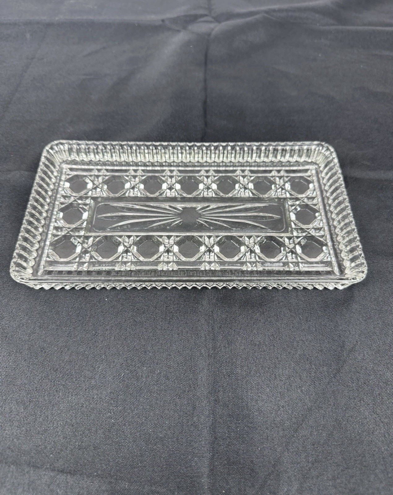 Vintage Bohemian Cut Crystal Tray Rectangular Large Heavy Thick Clear Decorative