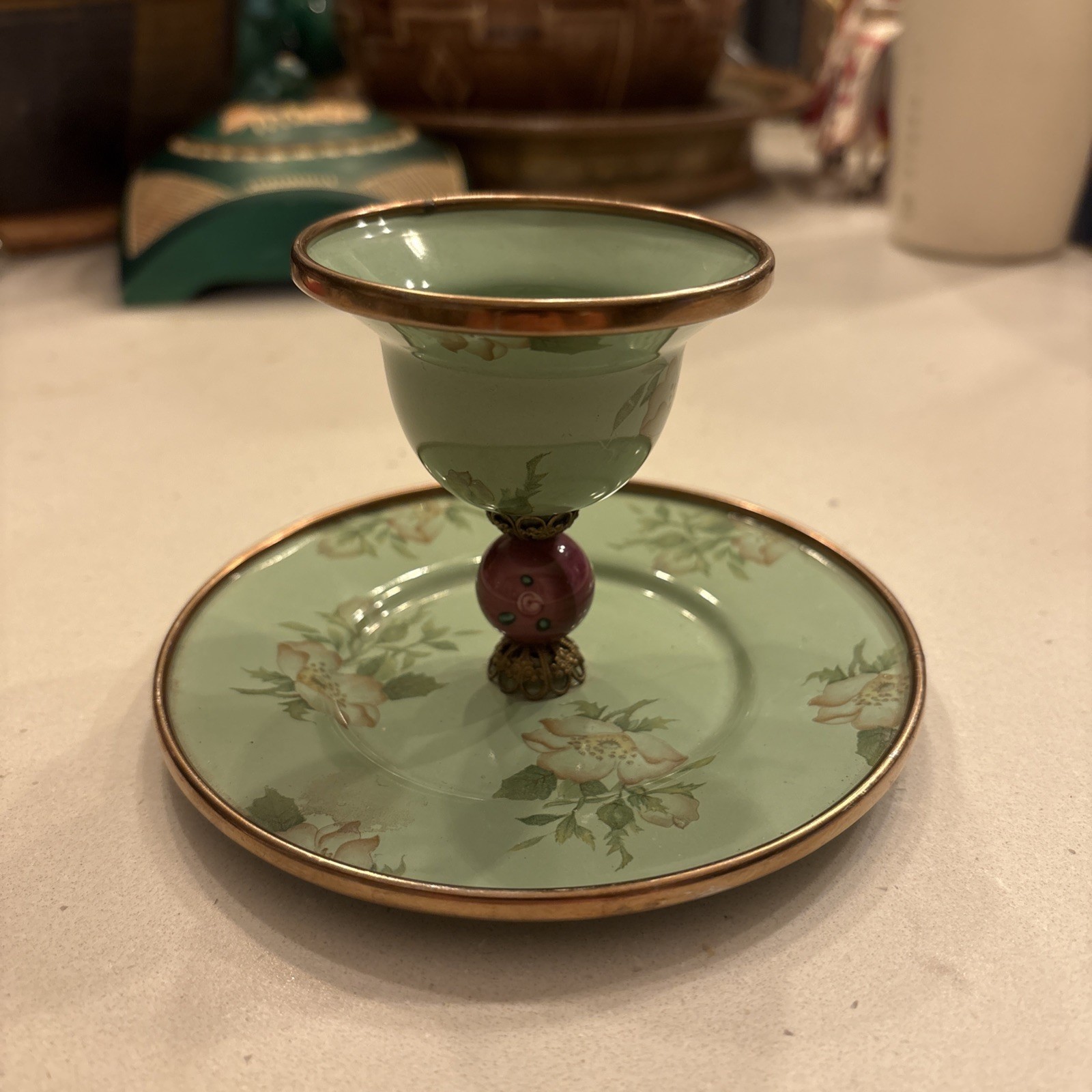Vintage 1995 MacKenzie Childs Camp Enamelware Flower Egg Cup Saucer RARE Mint Vintage 1995 MacKenzie Childs Camp Enamelware Flower Egg Cup Saucer RARE Mint