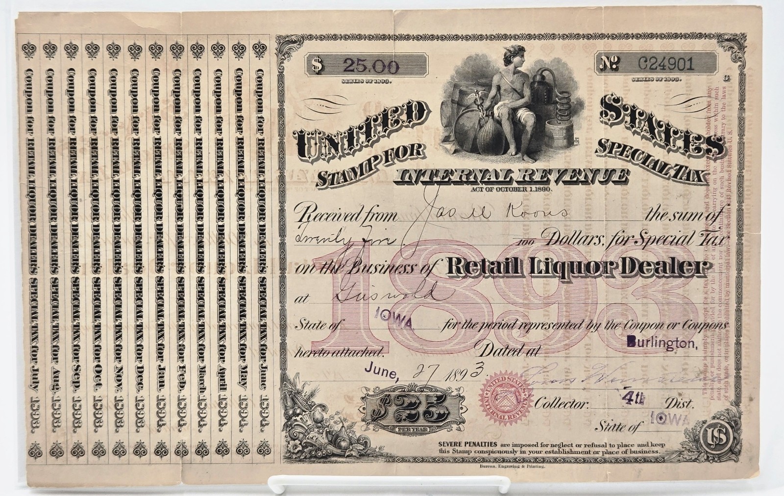 Vintage 1893 Retail Liquor Dealer Tax Stamp Certificate Uncut Coupon Iowa 1890 Vintage 1893 Retail Liquor Dealer Tax Stamp Certificate Uncut Coupon Iowa 1890