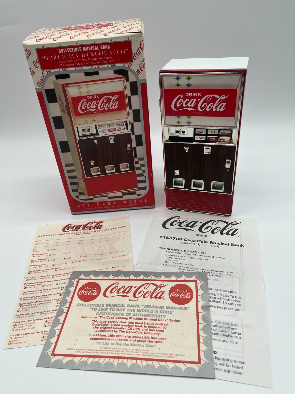 1996 Coca-Cola Die-Cast Metal Vending Machine Musical Bank Tested and works MINT 1996 Coca-Cola Die-Cast Metal Vending Machine Musical Bank Tested and works MINT