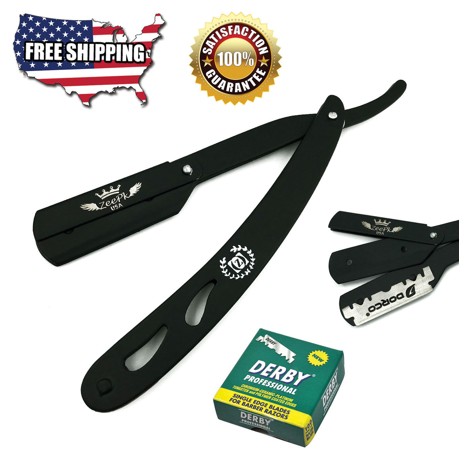 SMART CUT THROAT STAINLESS BARBER SHAVETTE STRAIGHT RAZOR + 100 BLADES BLACK