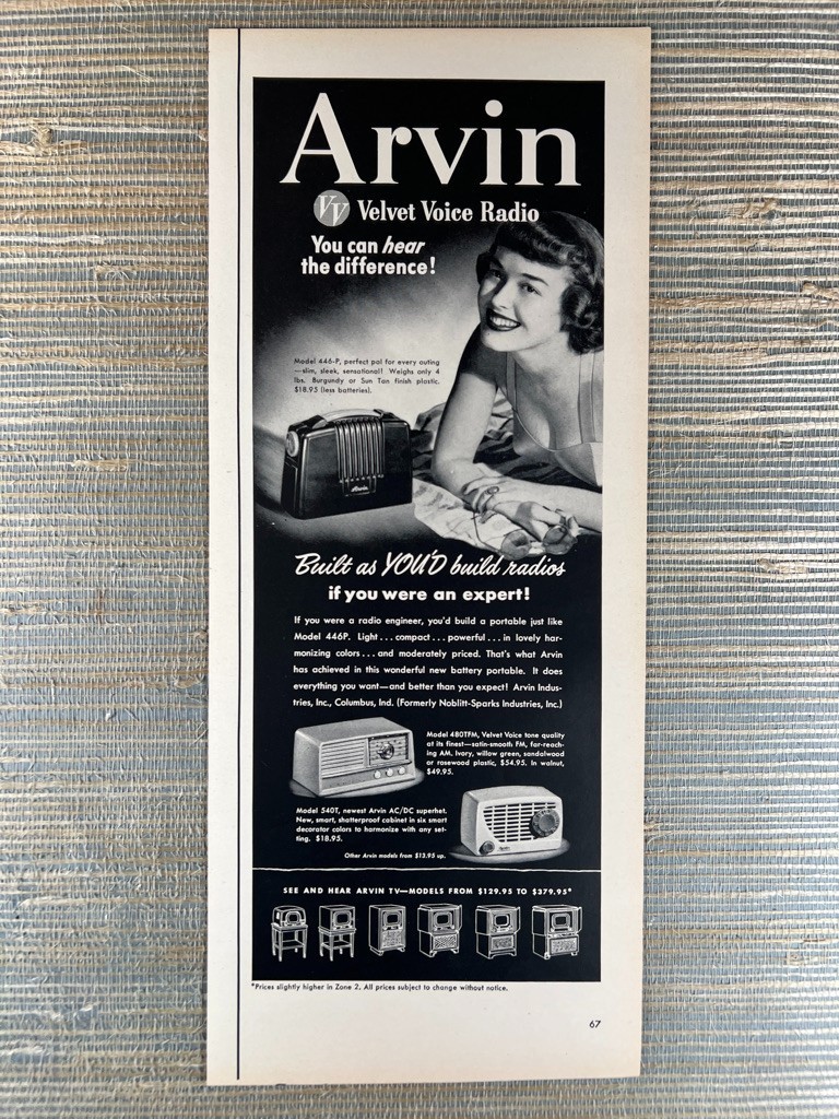 Arvin Velvet Voice Radio Model 446-P 480TFM 540T 1951 Vintage Print Ad Arvin Velvet Voice Radio Model 446-P 480TFM 540T 1951 Vintage Print Ad