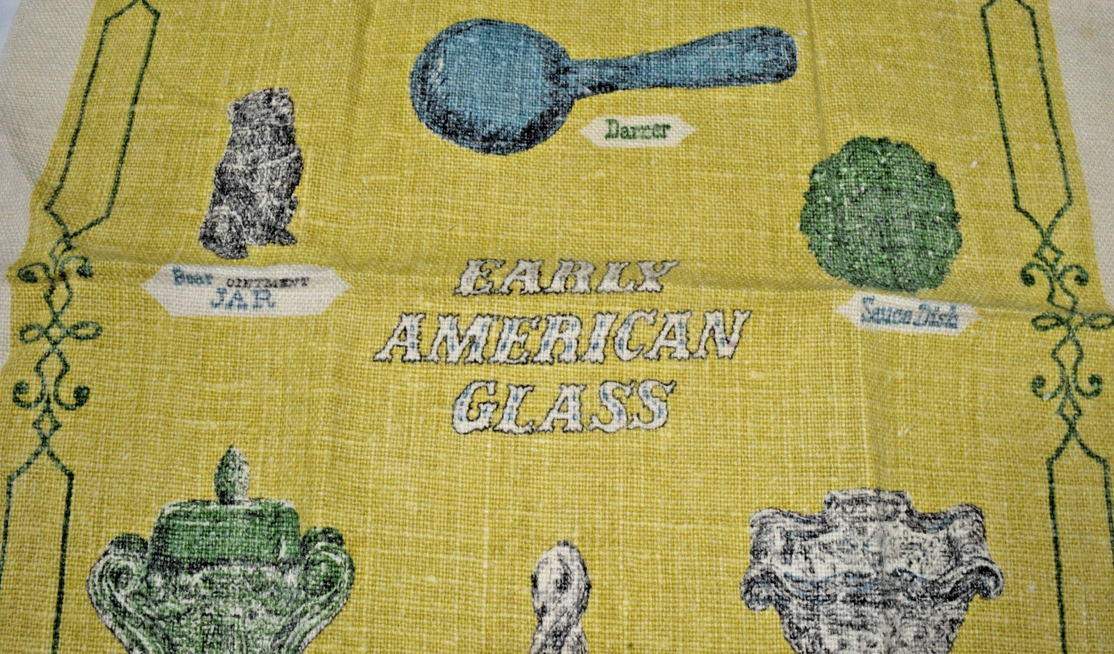 VTG 60s Linen Tea Towel Signed John L Gieroch Early American Glass KayDee Design