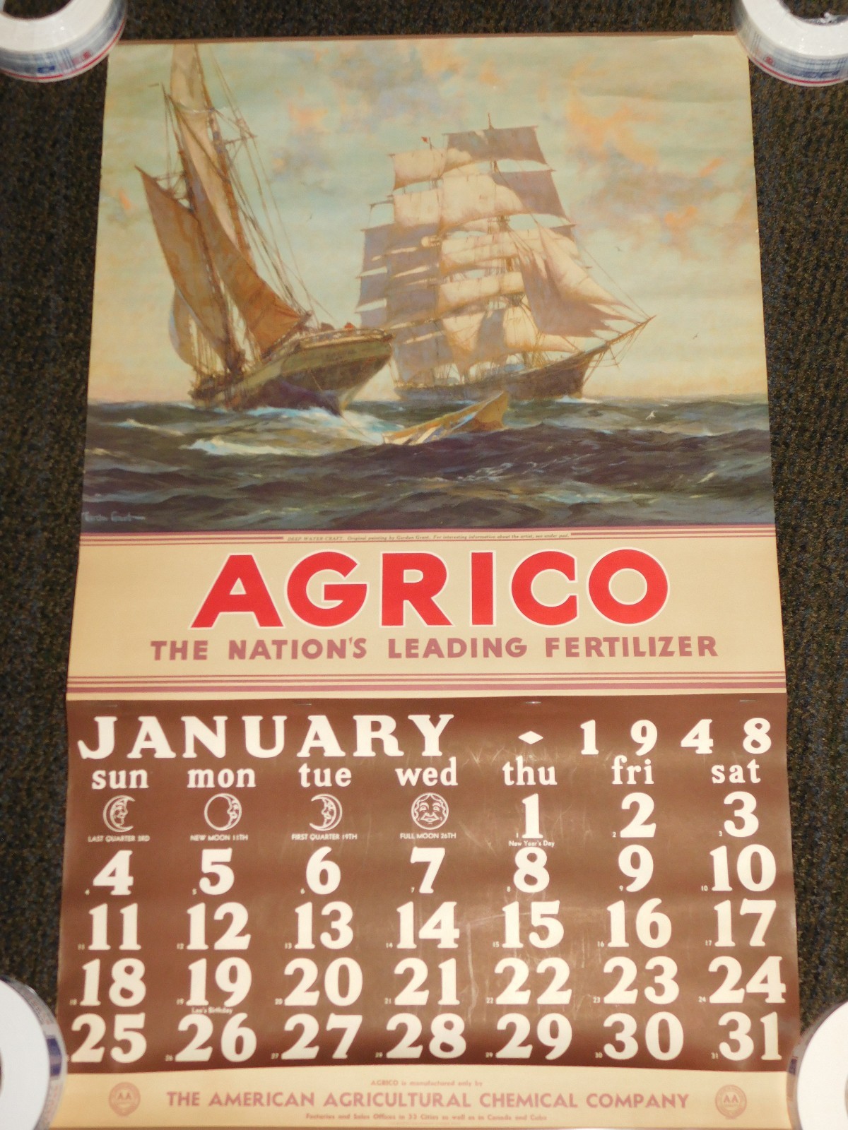 VINTAGE 1948 LARGE 34" X 20 1/2" AGRICO SAILING SHIPS FERTILIZER CALENDAR VINTAGE 1948 LARGE 34" X 20 1/2" AGRICO SAILING SHIPS FERTILIZER CALENDAR