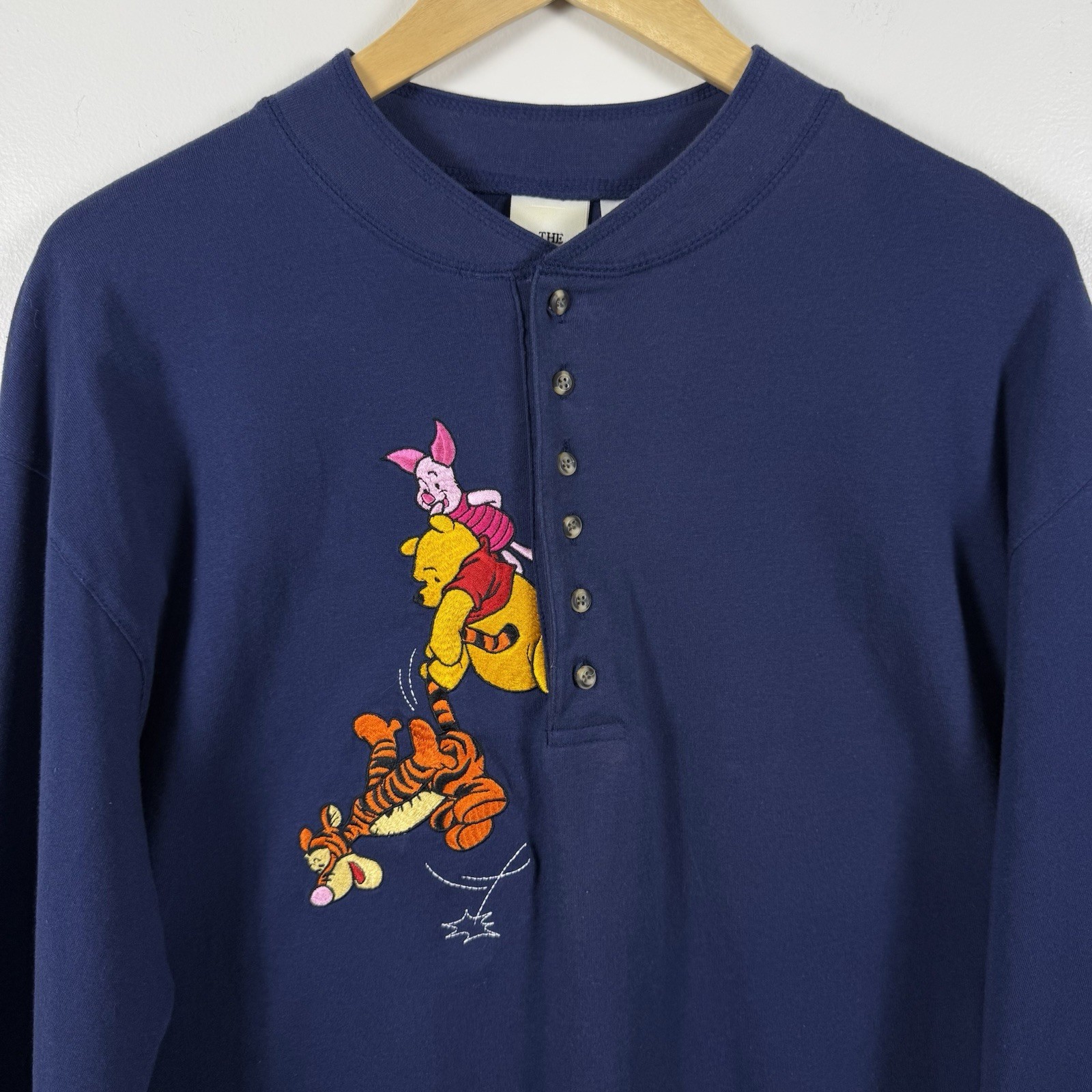 VTG Disney Store Winnie Pooh Embroidered Henley Shirt SZ L Blue Piglet Tigger 90