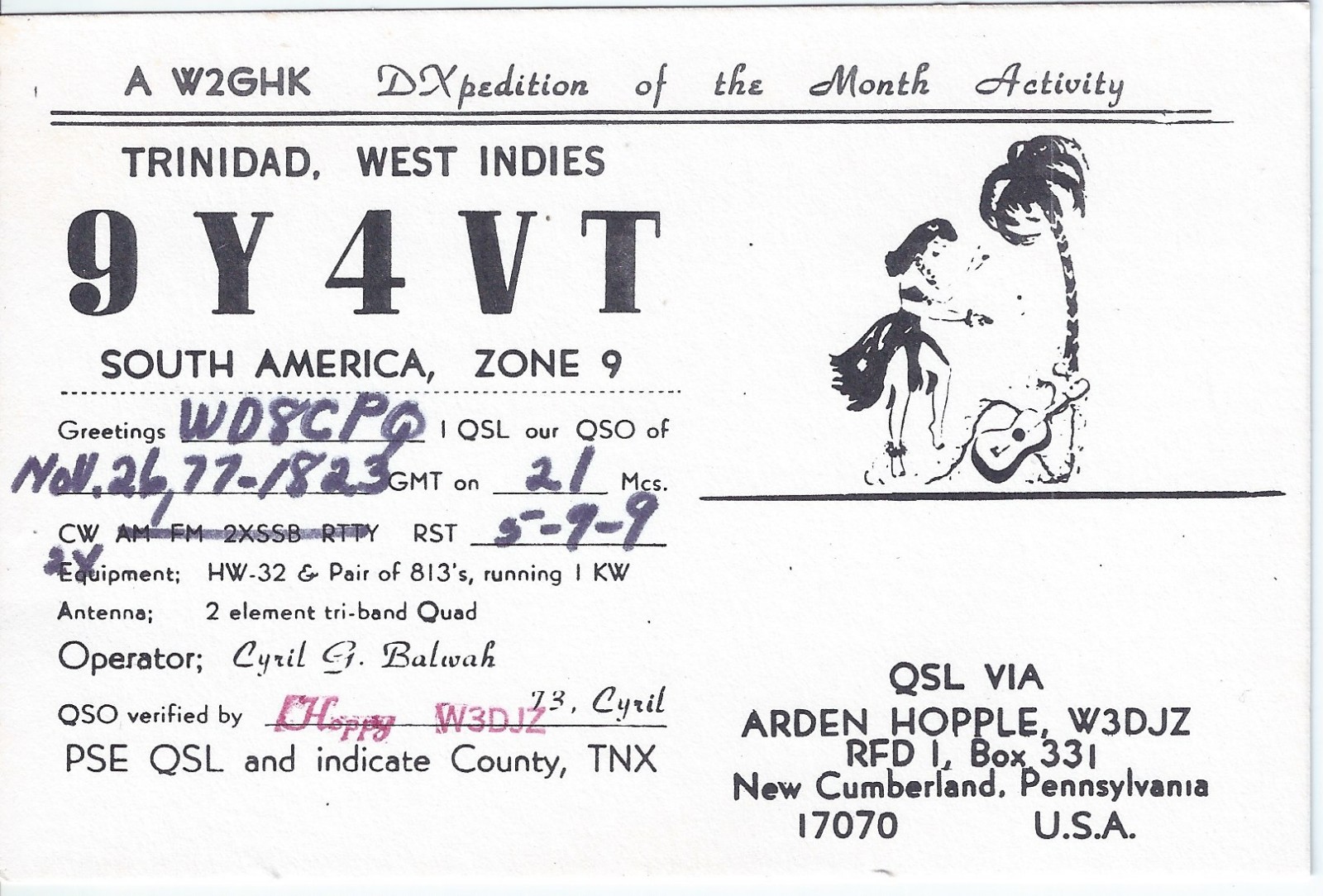 Vintage 9Y4VT Trinidad West Indies DXpedition 1977 Amateur Radio QSL Card Vintage 9Y4VT Trinidad West Indies DXpedition 1977 Amateur Radio QSL Card