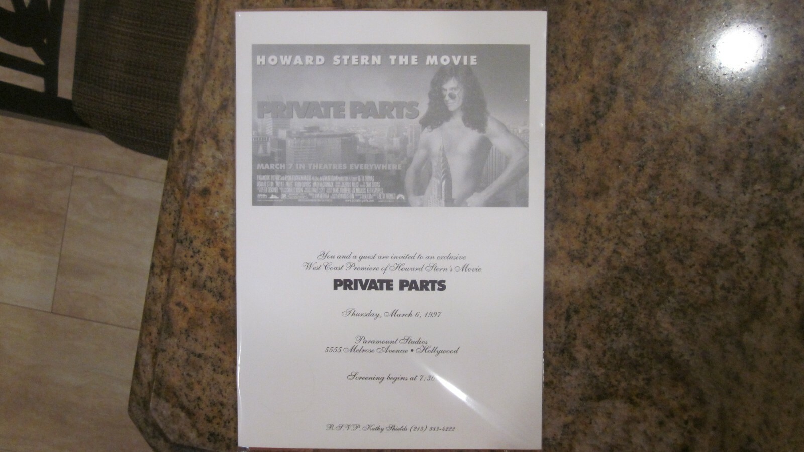 HOWARD STERN "PRIVATE PARTS" WEST COAST INVITATION TO THE PRIVATE PARTS PREMIERE HOWARD STERN "PRIVATE PARTS" WEST COAST INVITATION TO THE PRIVATE PARTS PREMIERE