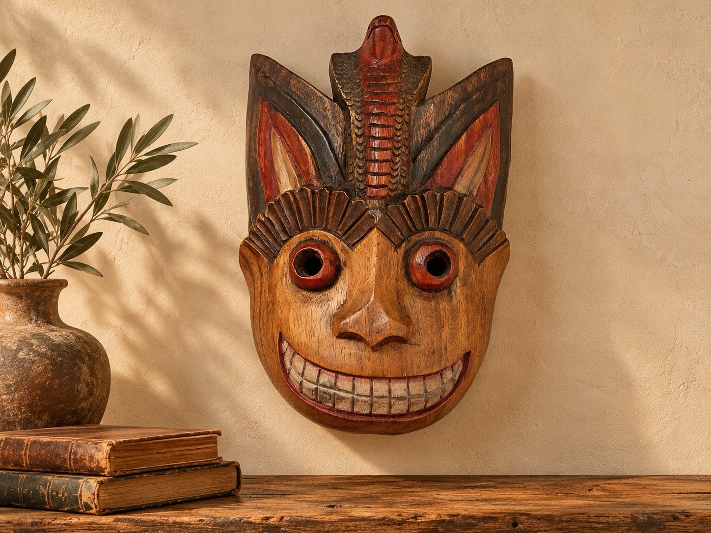 Vintage Thai Carved Wood Monkey Cobra Snake Mask Folk Art Wall Hanging 13” Vintage Thai Carved Wood Monkey Cobra Snake Mask Folk Art Wall Hanging 13”