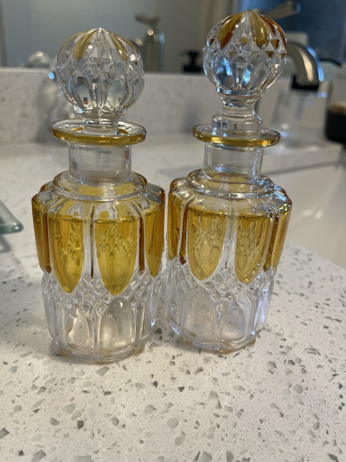Vintage Val Saint Lambert Crystal Set of 2 Yellow and Clear Perfume Bottles Vintage Val Saint Lambert Crystal Set of 2 Yellow and Clear Perfume Bottles
