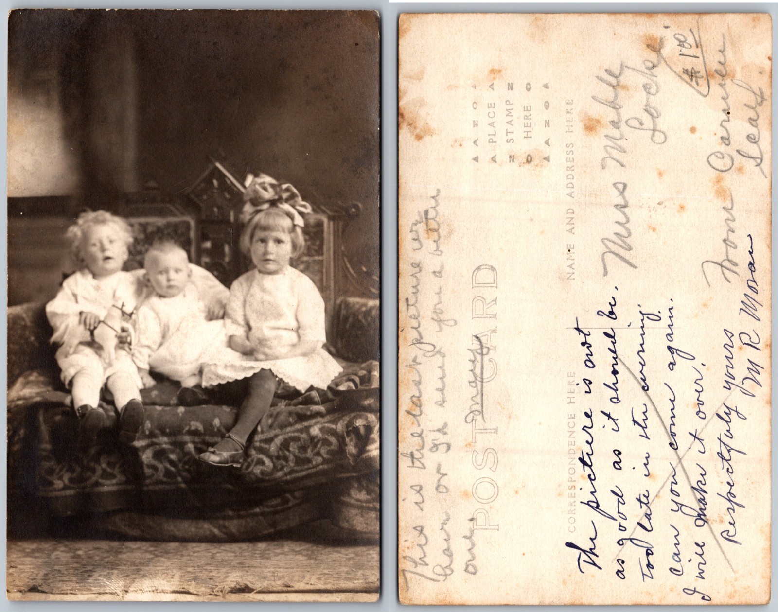 RPPC Three Children On Sofa Photo Postcard RPPC Three Children On Sofa Photo Postcard