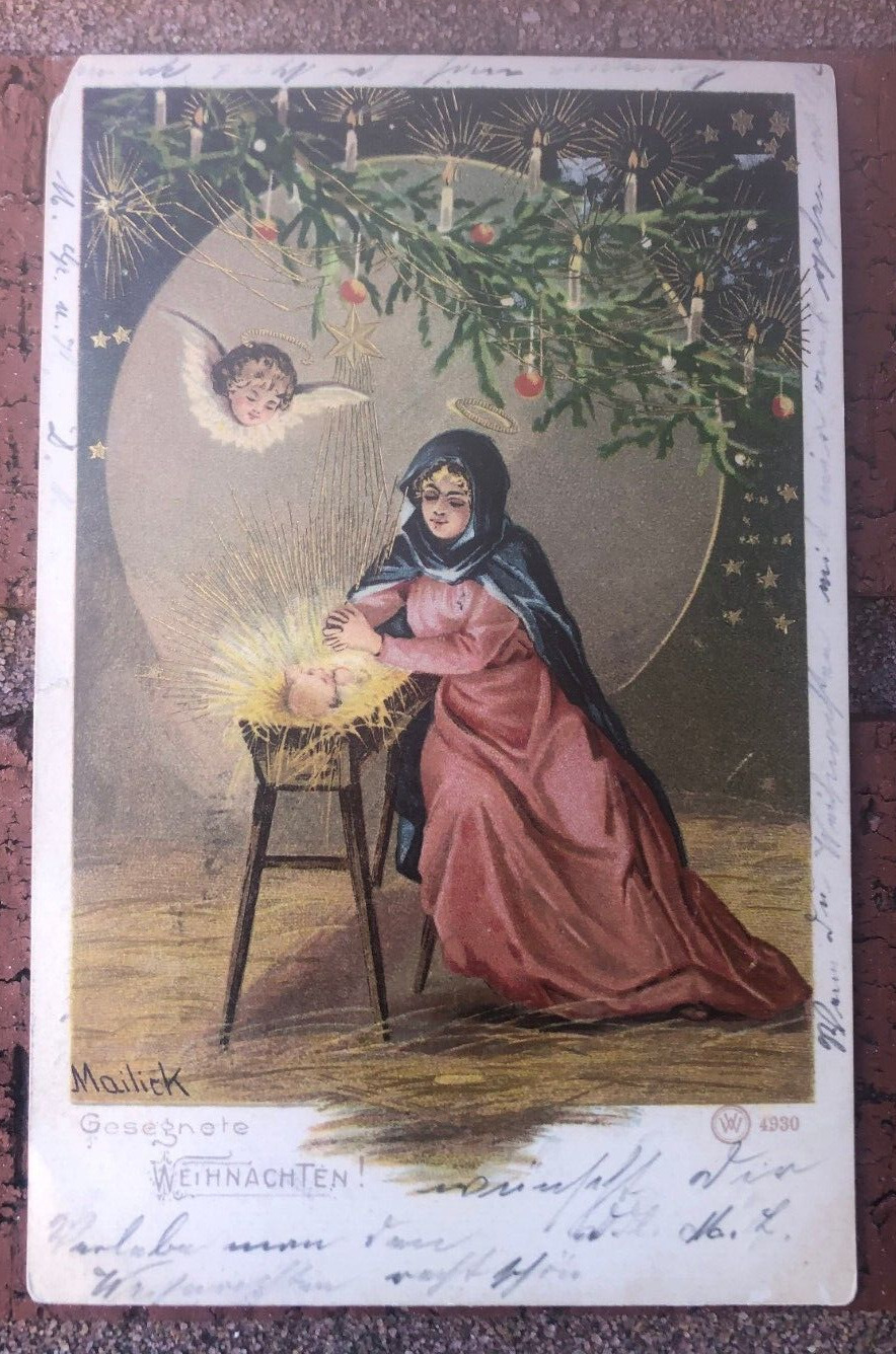 Postcard Artist Signed Malick 1900s Angel Mary Baby Jesus Manger Religious