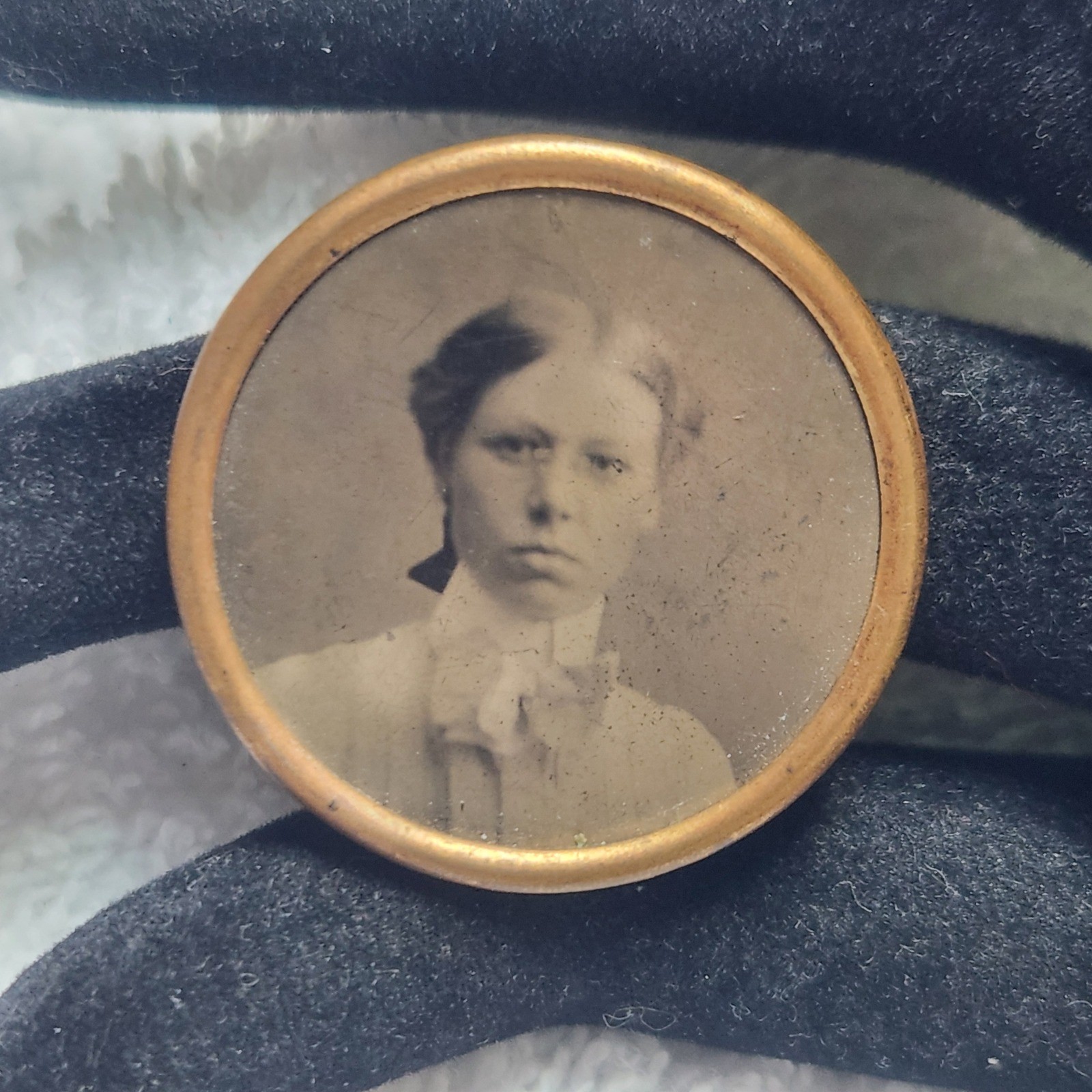 Antique Victorian Photo Button Pin Woman Portrait Newark NJ USA 1 Inch Sepia