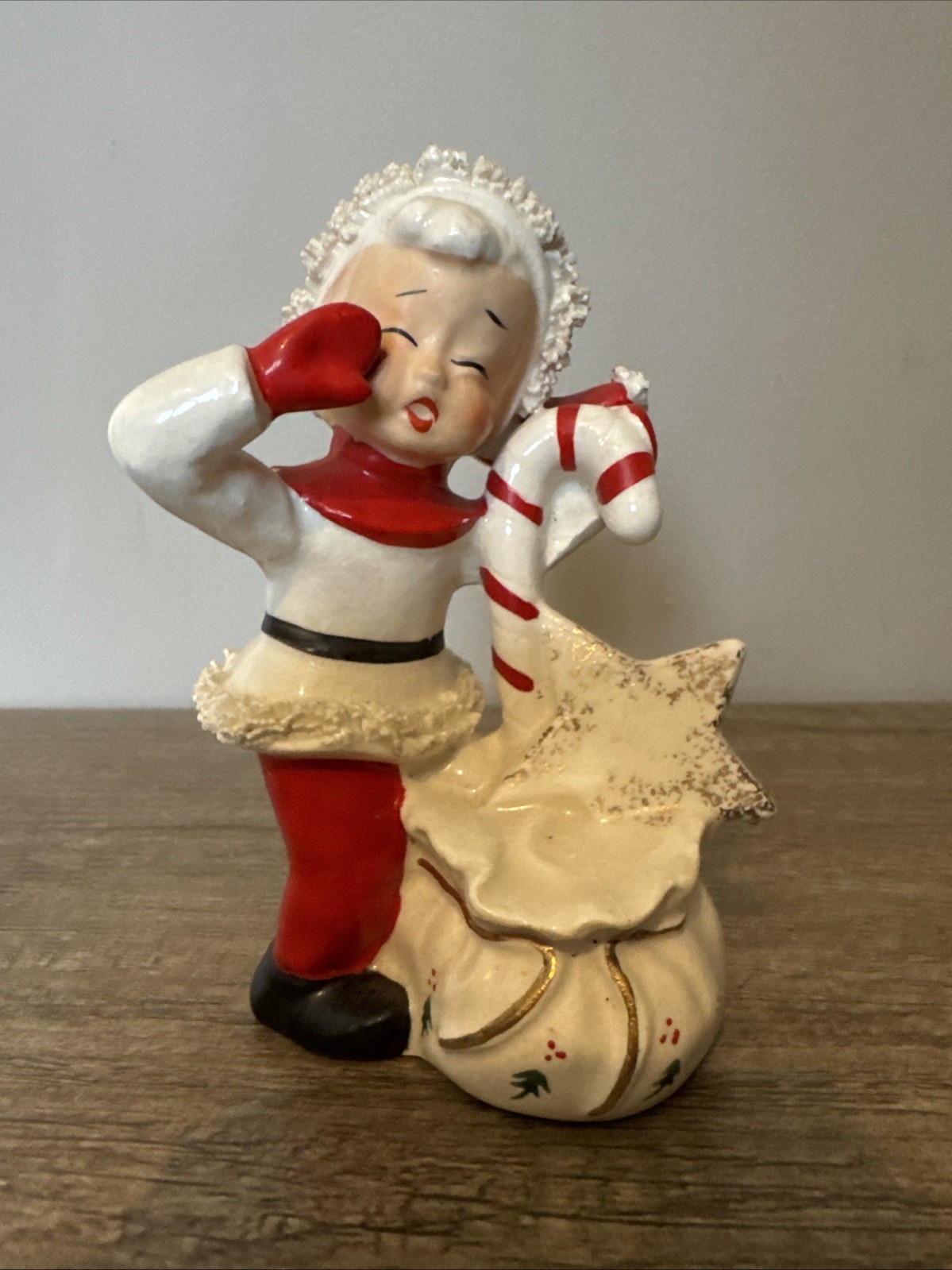 Vintage Japan Napco Spaghetti Trim Pixie Elf Gift Bag Star Figure, Rare