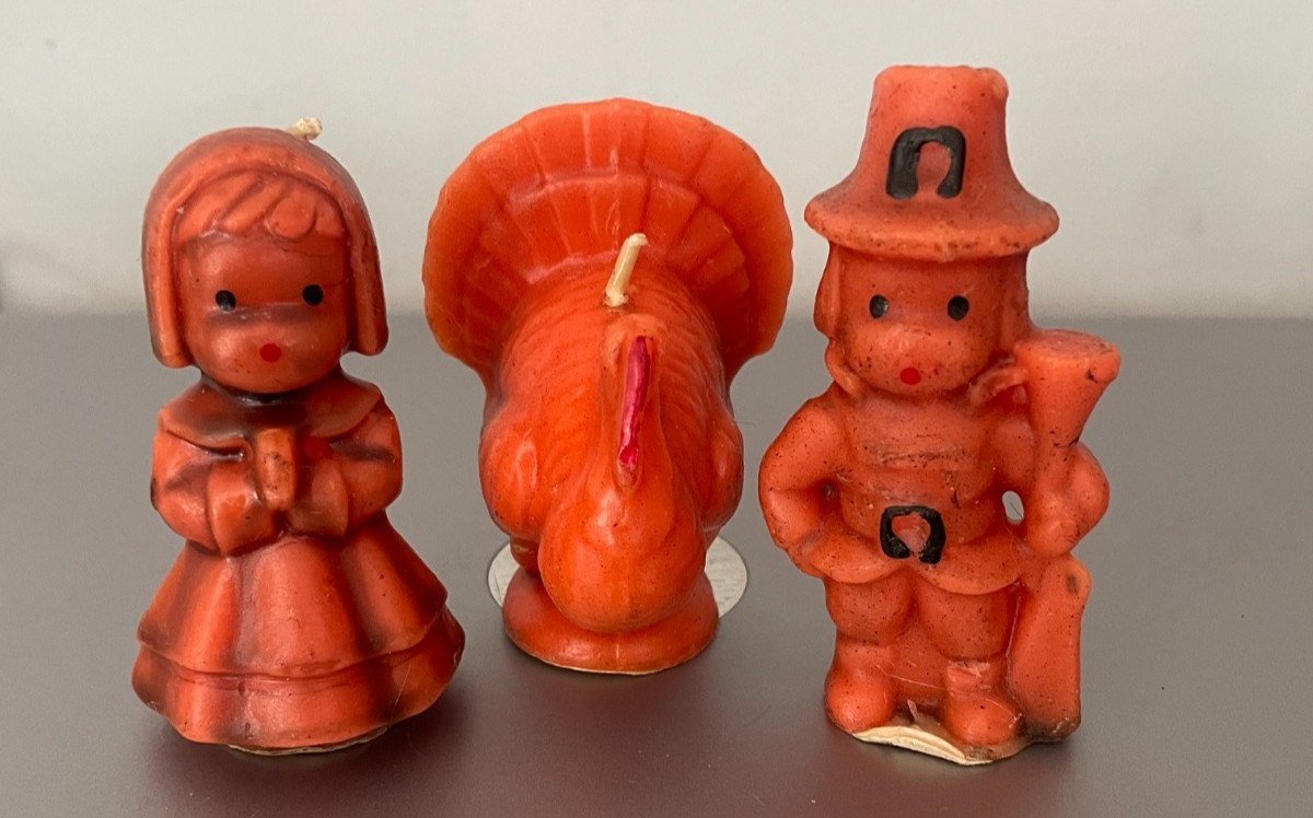 Vtg. 1960's Gurley Boy & Girl Pilgrims w/Thanksgiving Turkey 3" Candles - U.S.A. Vtg. 1960's Gurley Boy & Girl Pilgrims w/Thanksgiving Turkey 3" Candles - U.S.A.