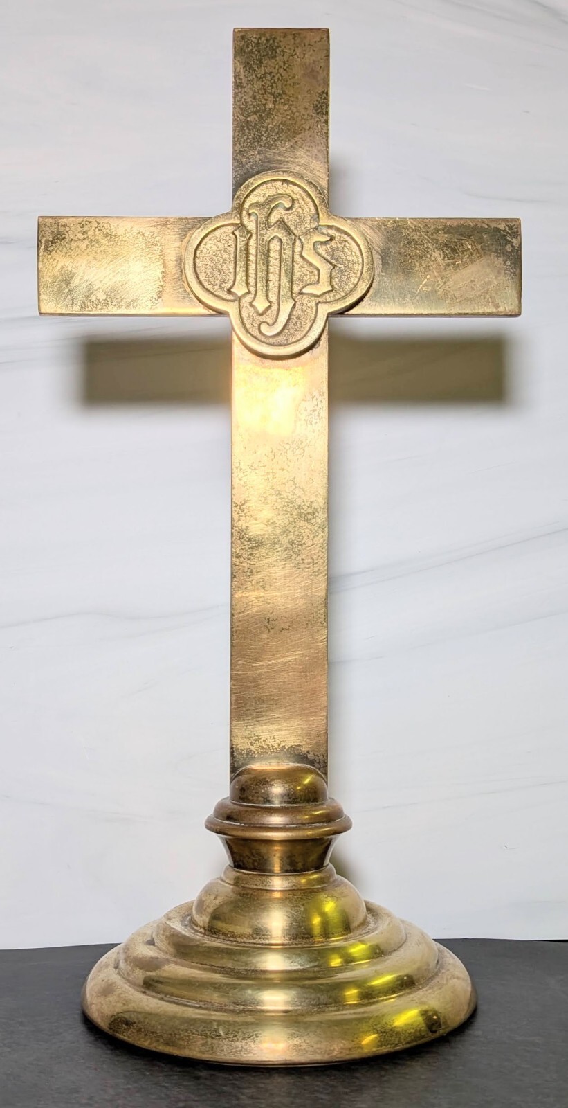 Vintage Brass Altar Standing Cross IHS Christogram Gothic Tabletop Crucifix 15" Vintage Brass Altar Standing Cross IHS Christogram Gothic Tabletop Crucifix 15"