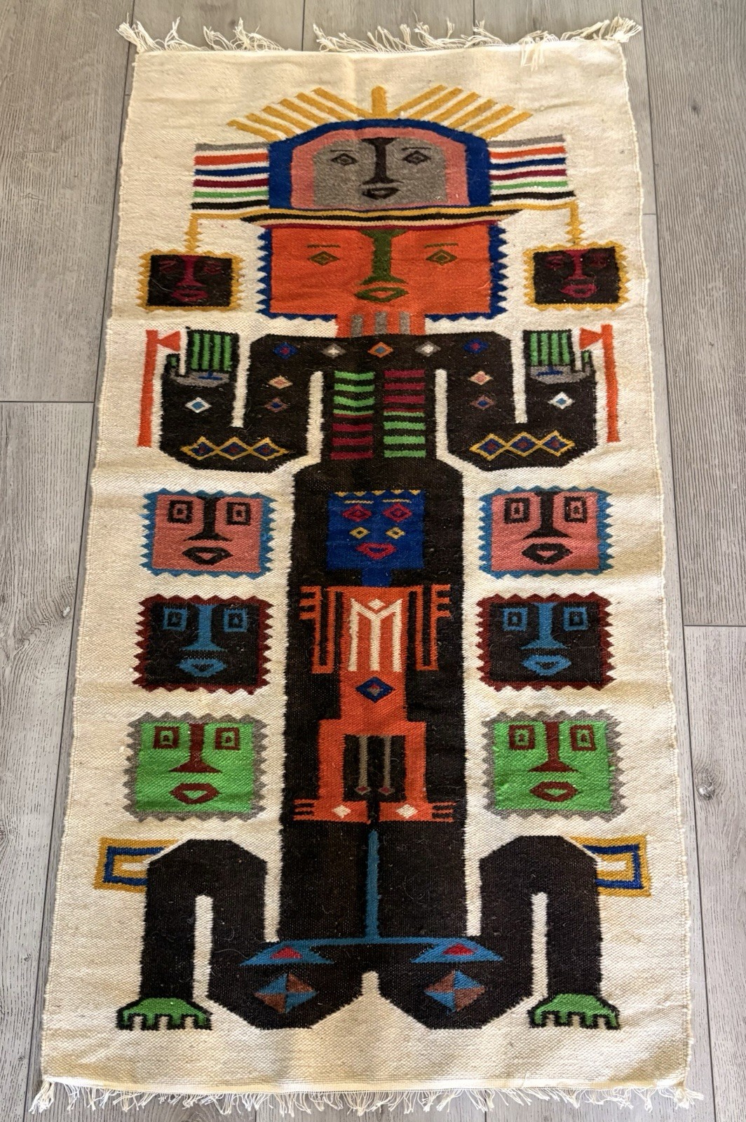 Vintage Handwoven Andean Wool Tapestry Rug 50” x 26” Ecuador Folk Art Totem Vintage Handwoven Andean Wool Tapestry Rug 50” x 26” Ecuador Folk Art Totem