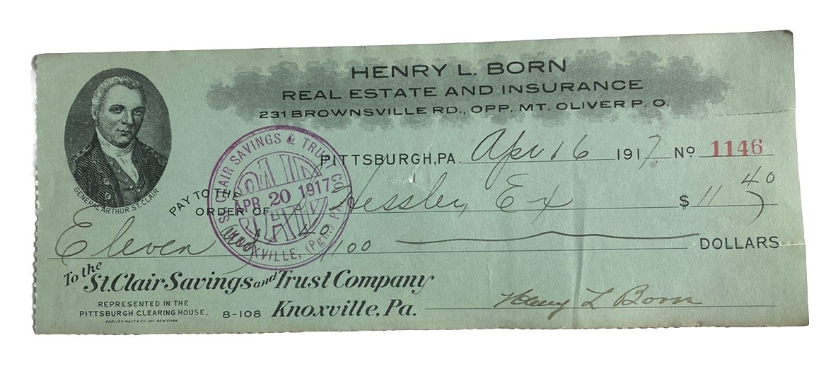 St. Clair Savings & Trust Knoxville PA Antique 1910s Check Henry Born Pittsburgh