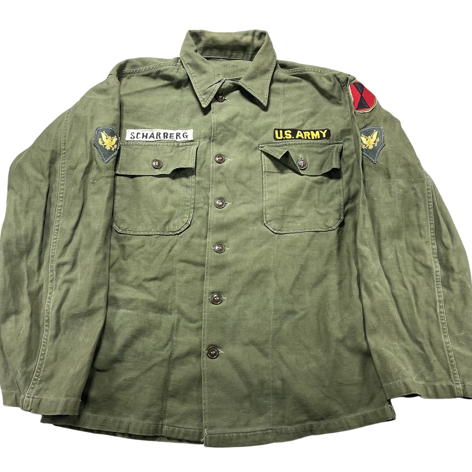 Vintage US Army Shirt Mens Medium Green OG-107 Sateen Vietnam War Patches USA Vintage US Army Shirt Mens Medium Green OG-107 Sateen Vietnam War Patches USA