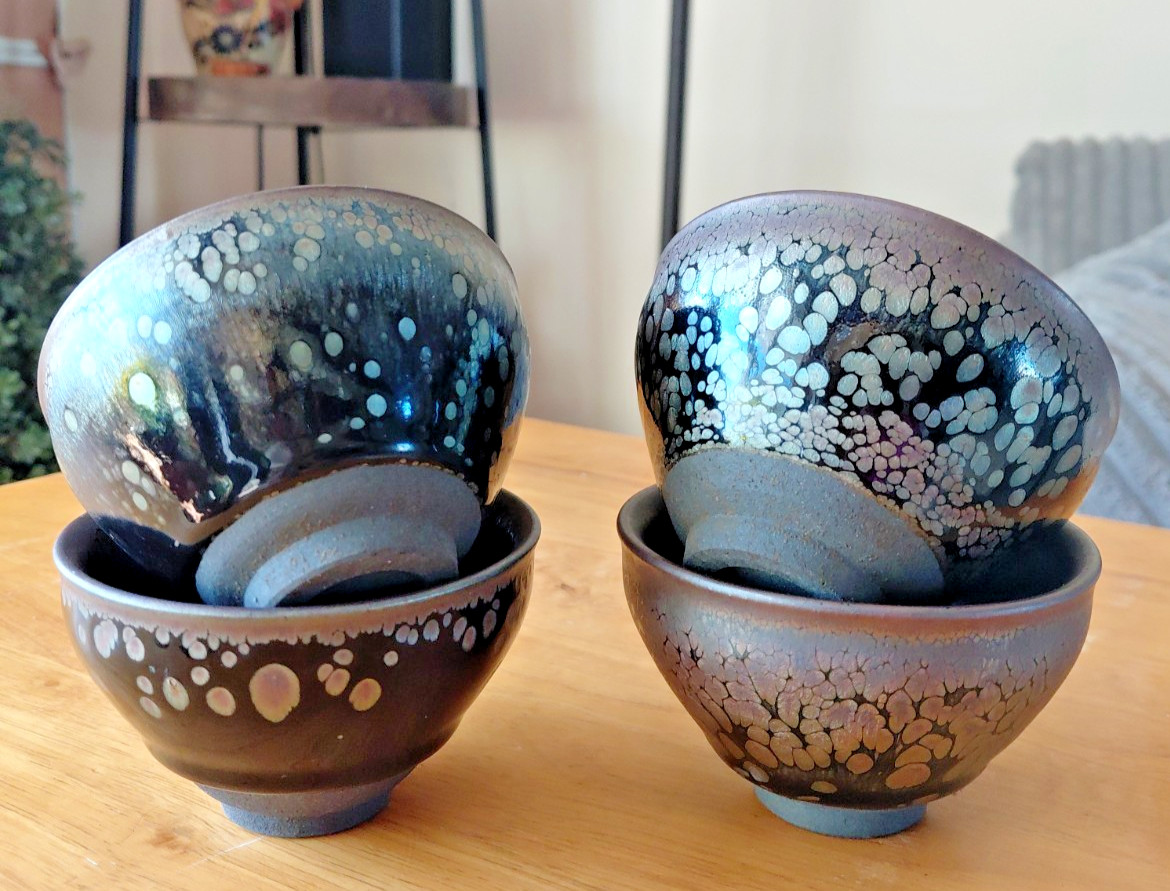 Set 4 Vintage Tenmoku Jianzhan 3.5" Tea Cups - Oil Spot Partridge Feather Glaze