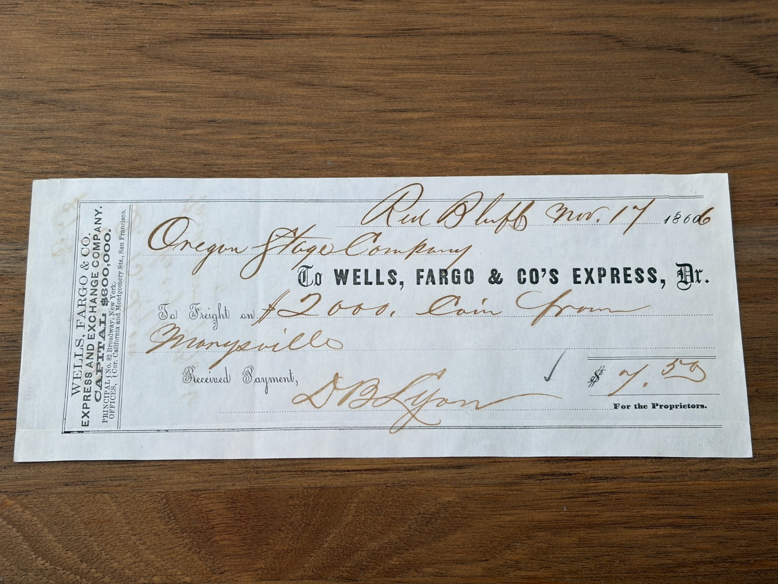 Rare 1866 Oregon Stage Company to Wells Fargo Express Payment Voucher Marysville Rare 1866 Oregon Stage Company to Wells Fargo Express Payment Voucher Marysville