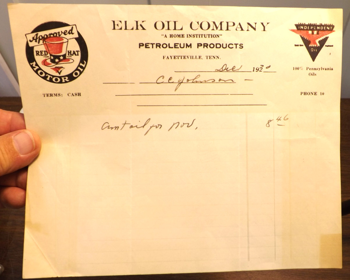 RARE VTG BILLHEAD INVOICE 1930 ELK OIL COMPANY FAYETTEVILLE TN RED HAT MOTOR RARE VTG BILLHEAD INVOICE 1930 ELK OIL COMPANY FAYETTEVILLE TN RED HAT MOTOR
