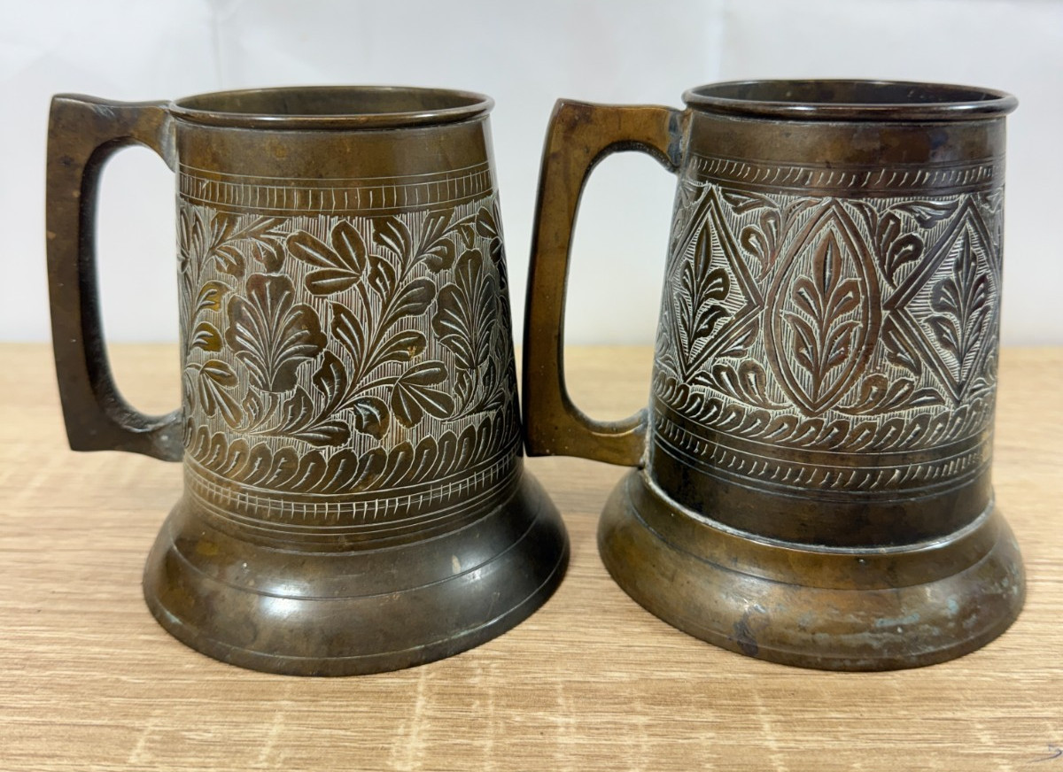 Vintage Hand Engraved Brass Tankards Beer Mugs x2 Indian Floral Chased Decor Vintage Hand Engraved Brass Tankards Beer Mugs x2 Indian Floral Chased Decor