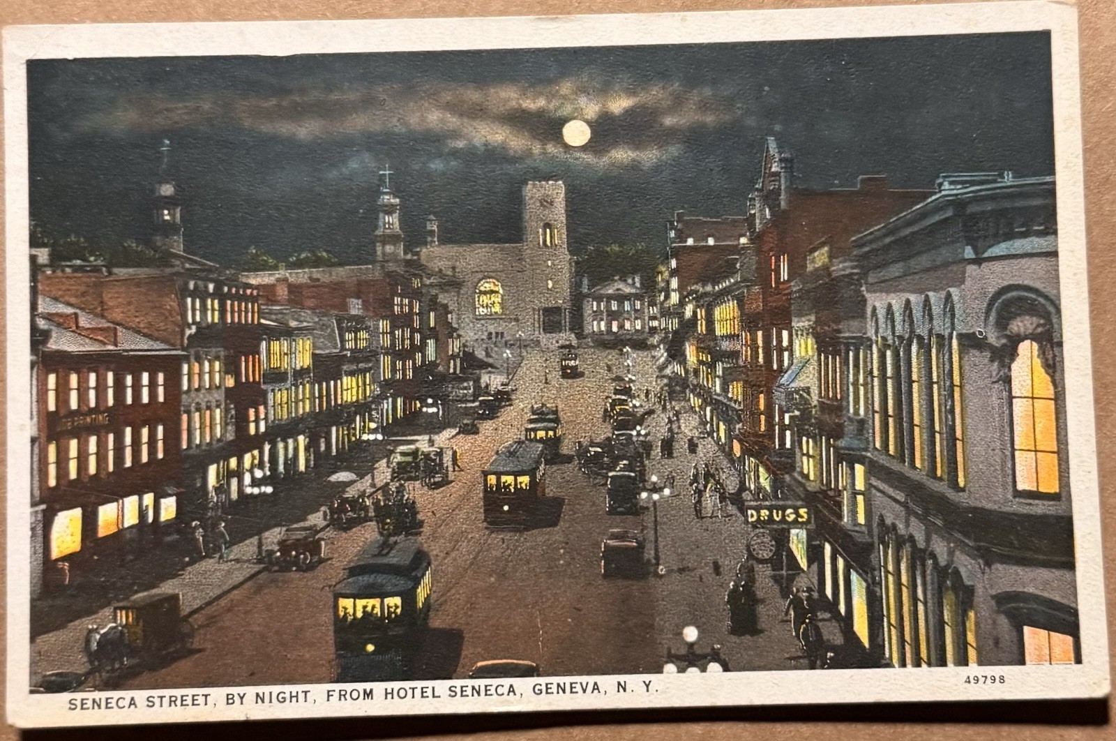 1931 Geneva NY, Seneca Street, By Night From Hotel, Ontario County, Postcard