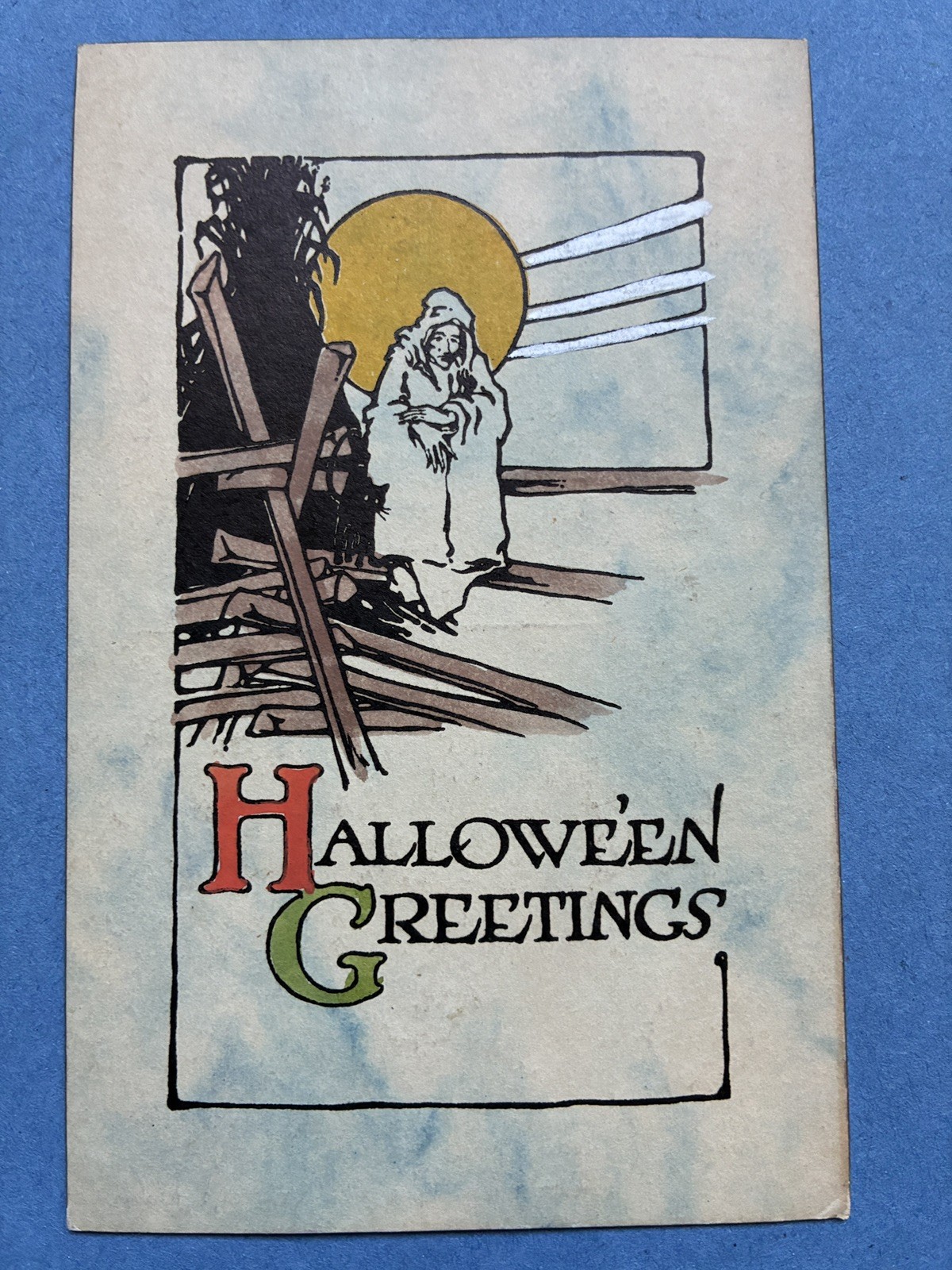 Vtg Halloween Postcard Gibson Blue Marble Design Ghost Fence Moon RARE Unused 