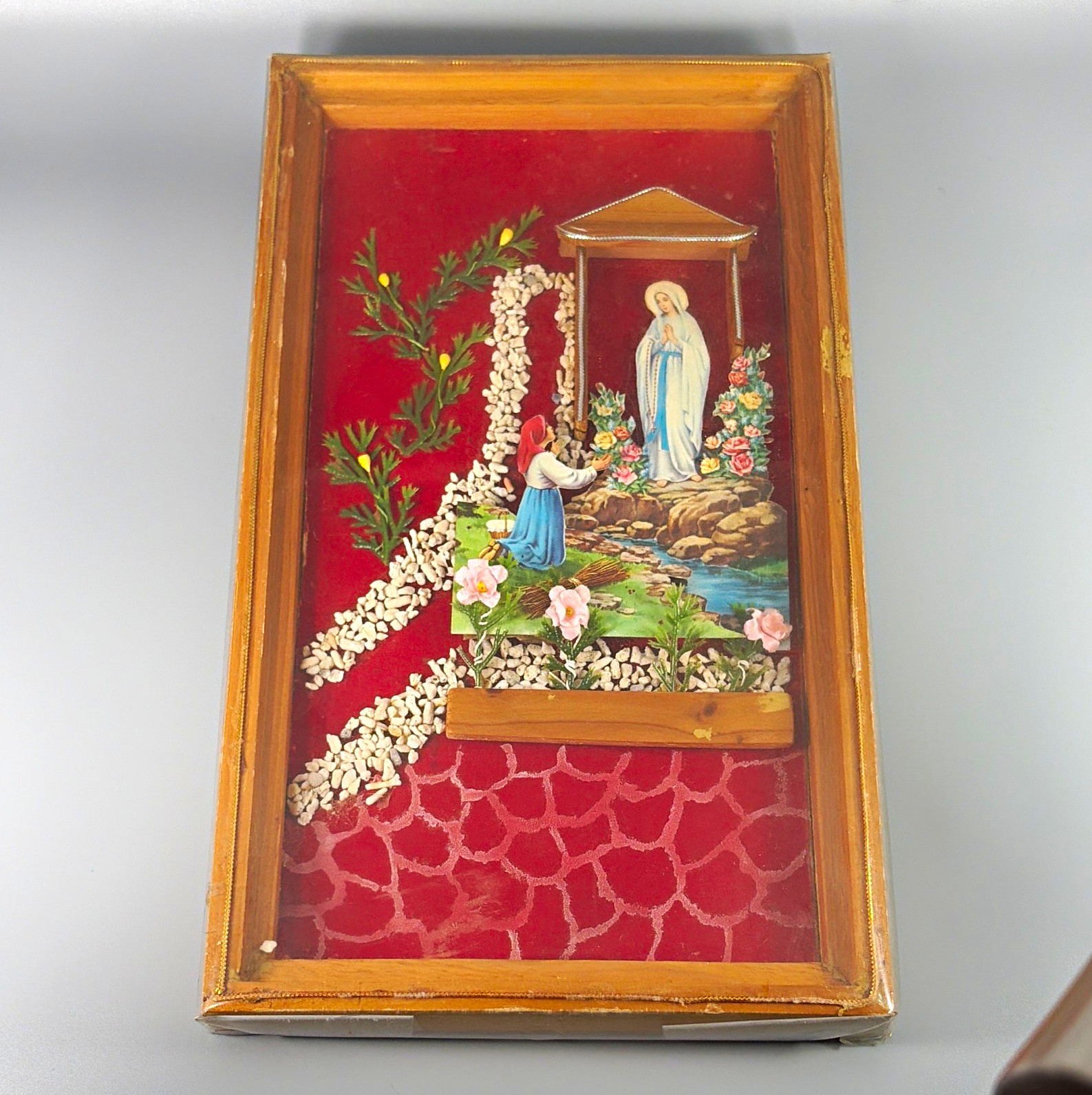 Vintage Our Lady of Lourdes St Bernadette Diorama Shadow Box Catholic Shrine