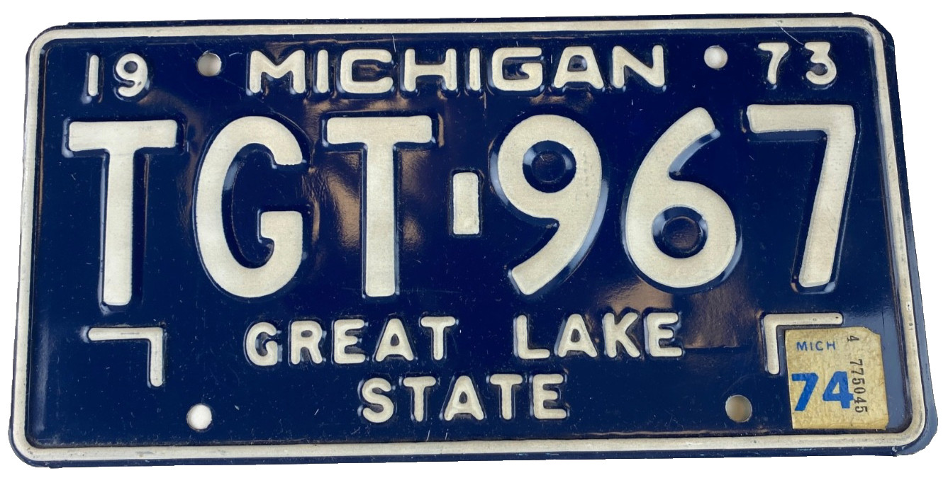 Vintage 1973 1974 Michigan Auto License Plate TGT-967 Man Cave Garage Wall Decor