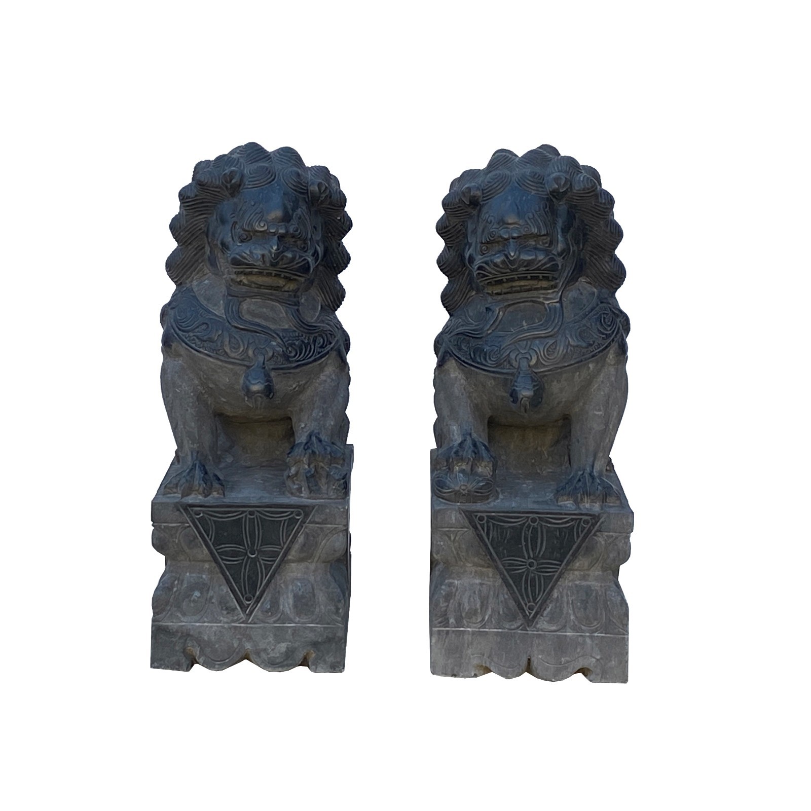 24" Chinese Medium Pair Black Gray Stone Fengshui Foo Dog Statues cs7253 24" Chinese Medium Pair Black Gray Stone Fengshui Foo Dog Statues cs7253